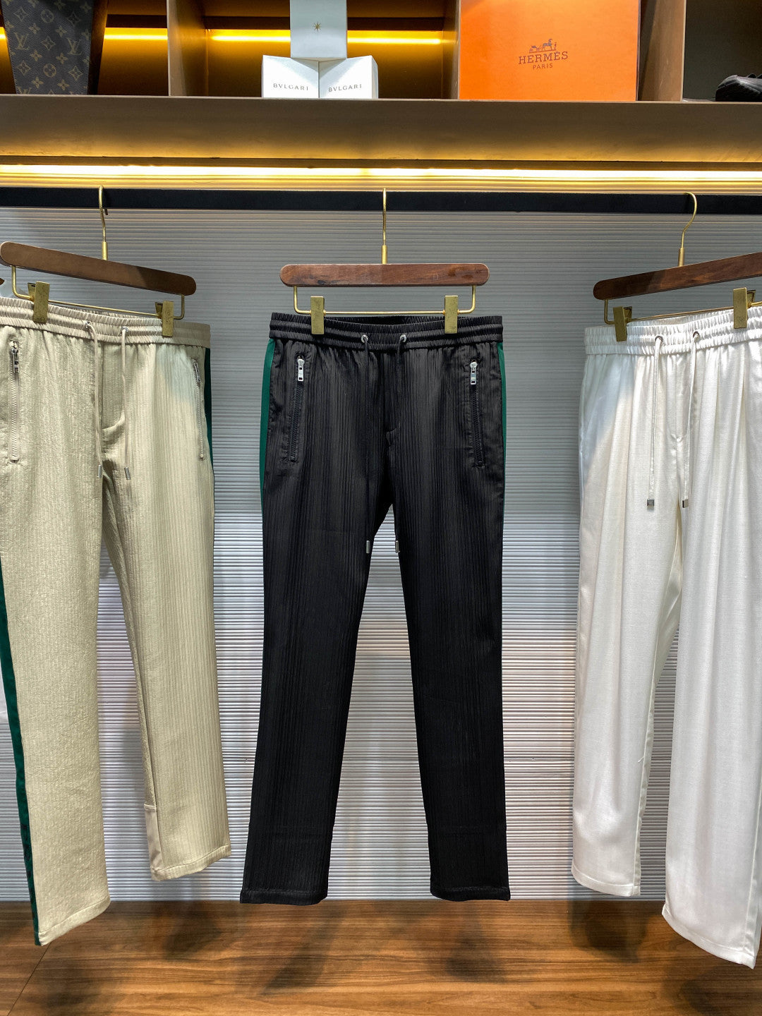 PRA26SS Striped Textured Drawstring Casual Pants in Cotton 143651