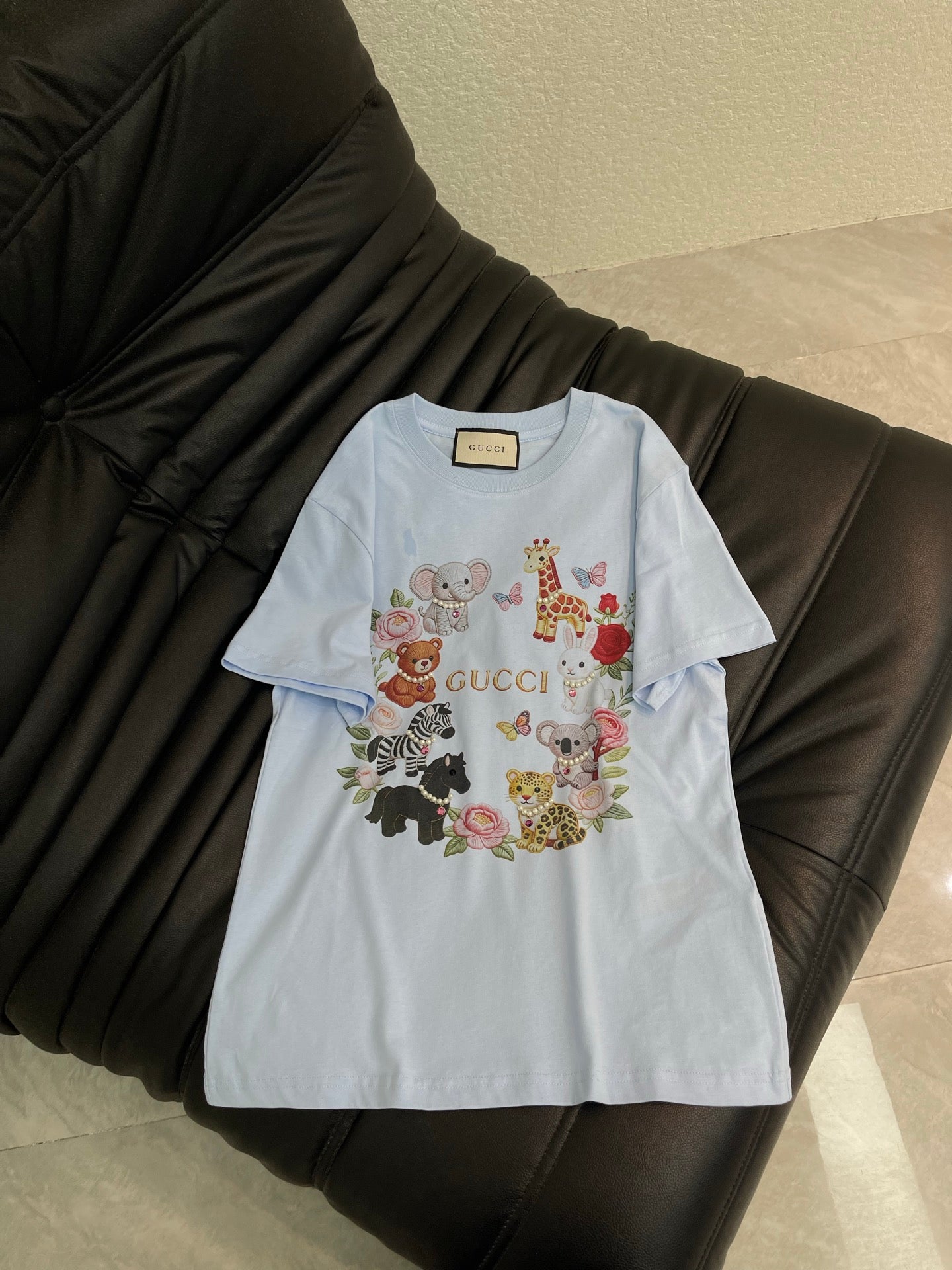 GG Duty Digital Print Animal Beaded Short-Sleeve T-Shirt in Cotton 154107