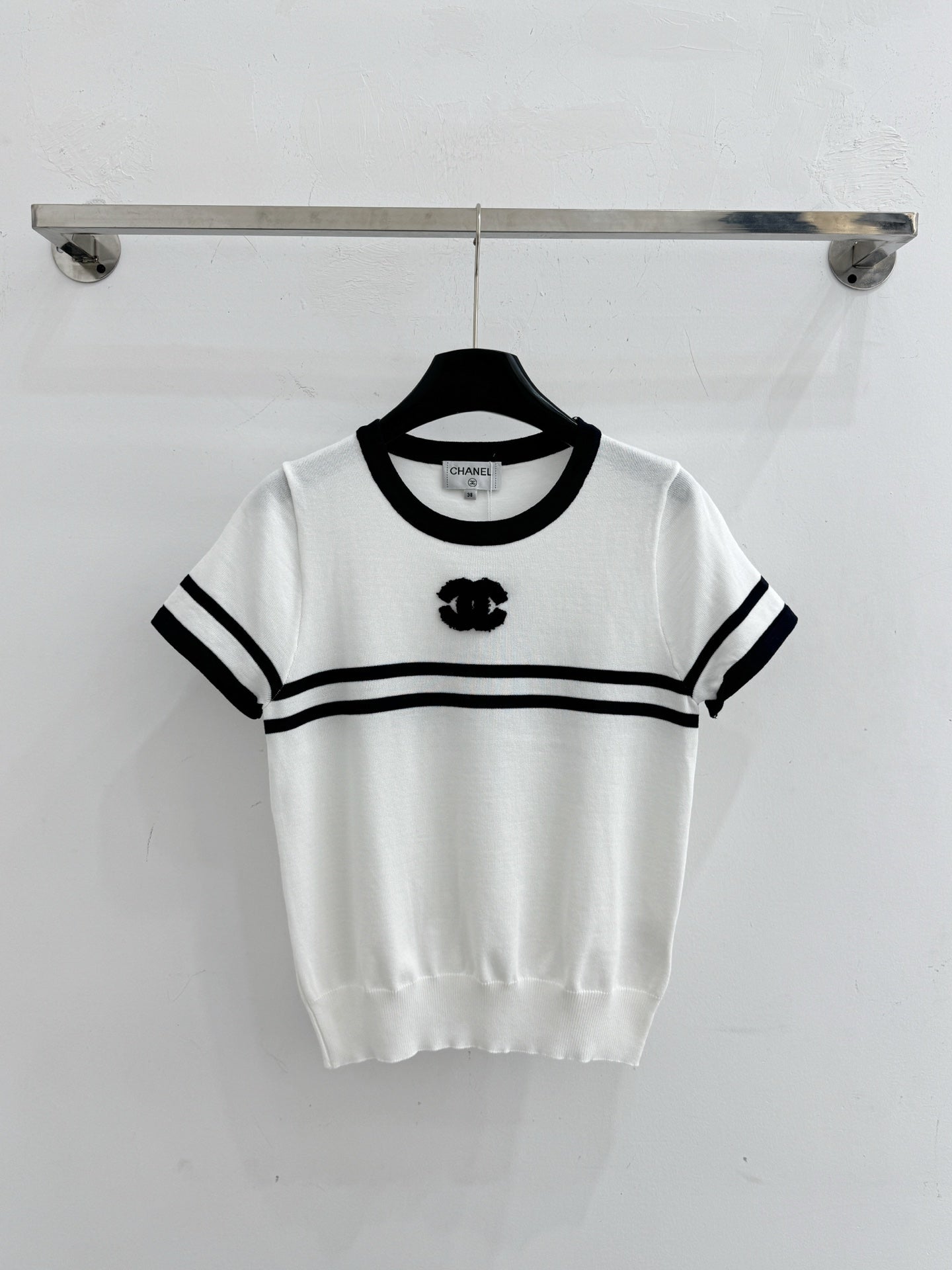 CC 2026 Striped Short-Sleeve Knit Top Wool Cashmere 516694