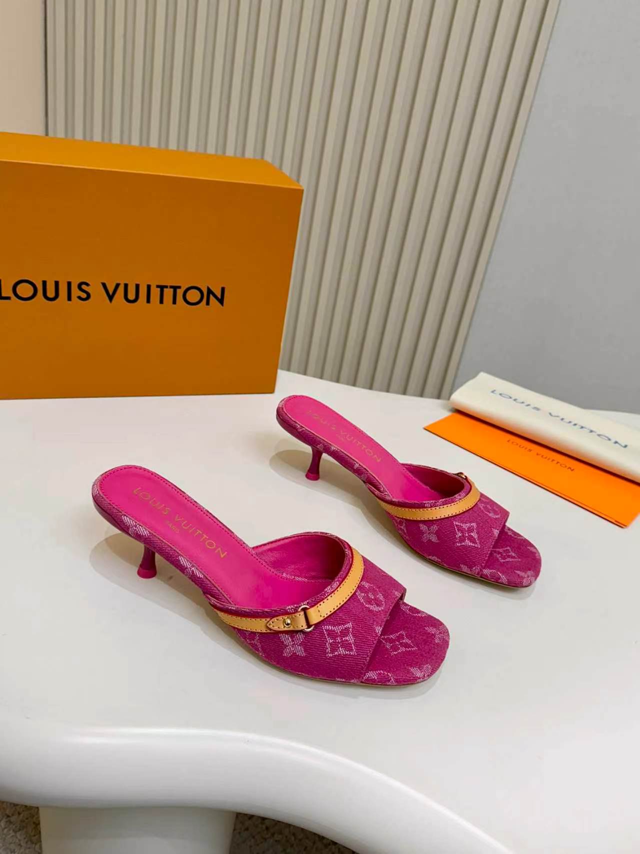 LV Monogram Kitten Heel Mule Sandals 5.5cm Canvas Leather 840362