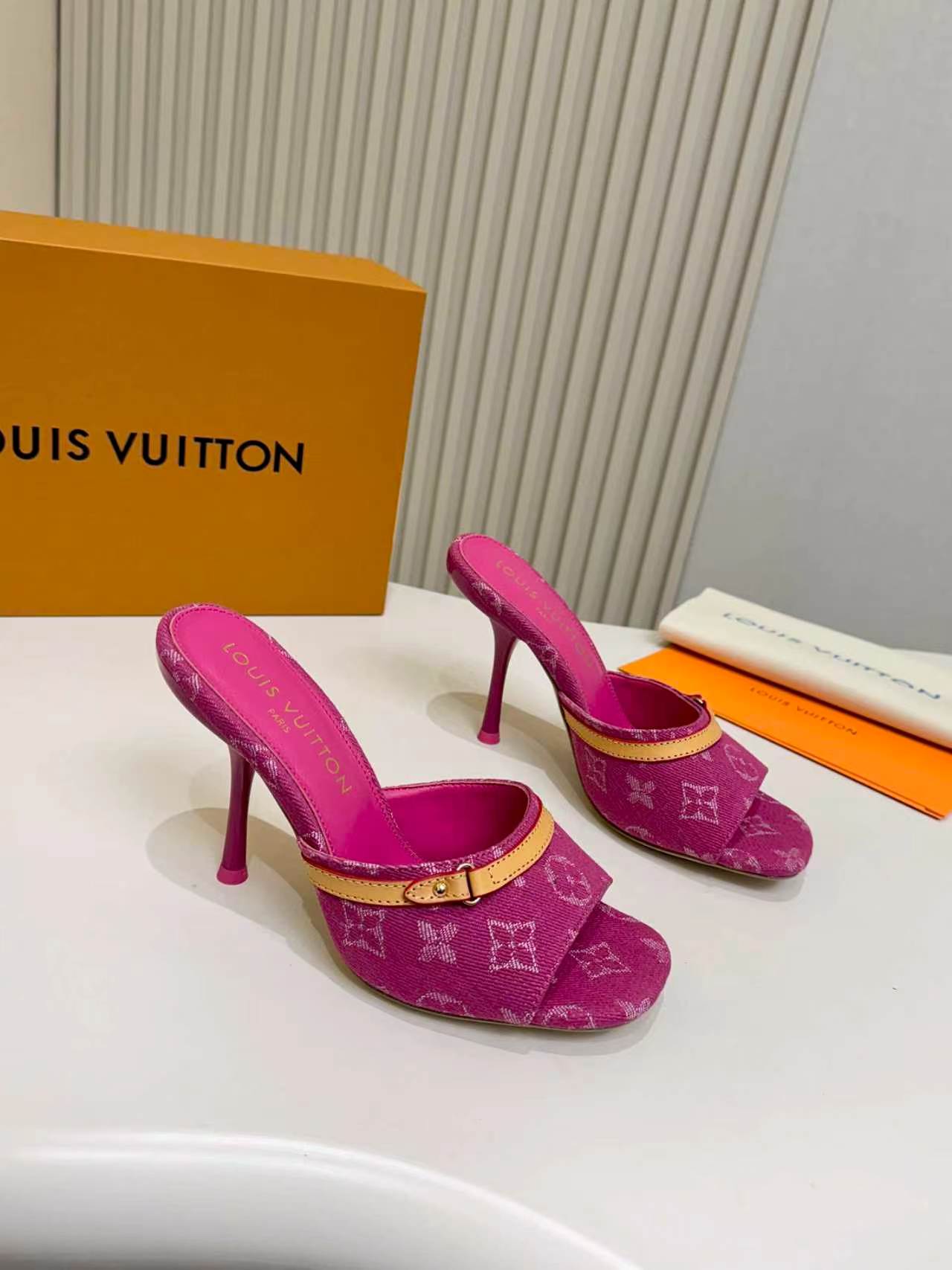 LV Monogram Kitten Heel Mule Sandals 10cm Canvas Leather 840357
