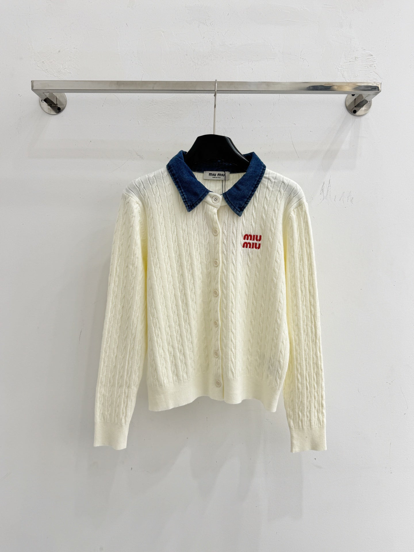 Miu Cable-Knit Cardigan Denim Collar White Wool 794380
