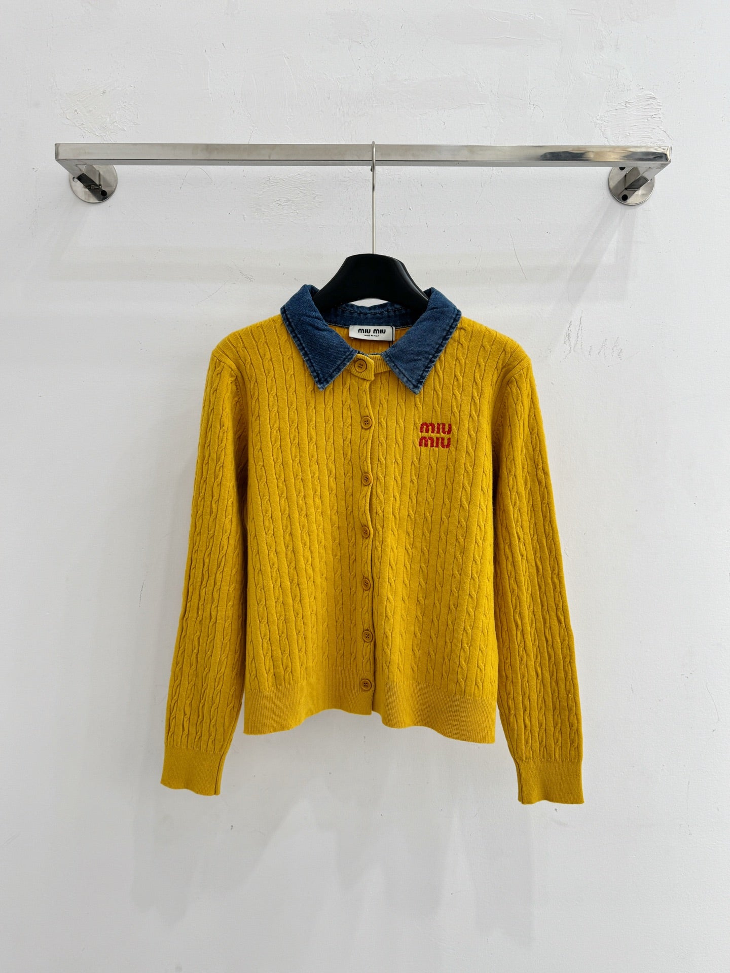 Miu Cable-Knit Cardigan Denim Collar White Wool 794380