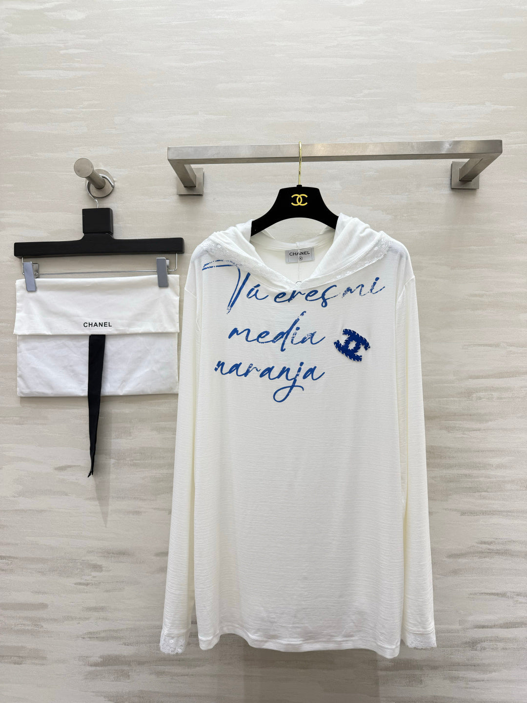 CC Hooded Lace Trim Shirt Blue Script Lettering 416094