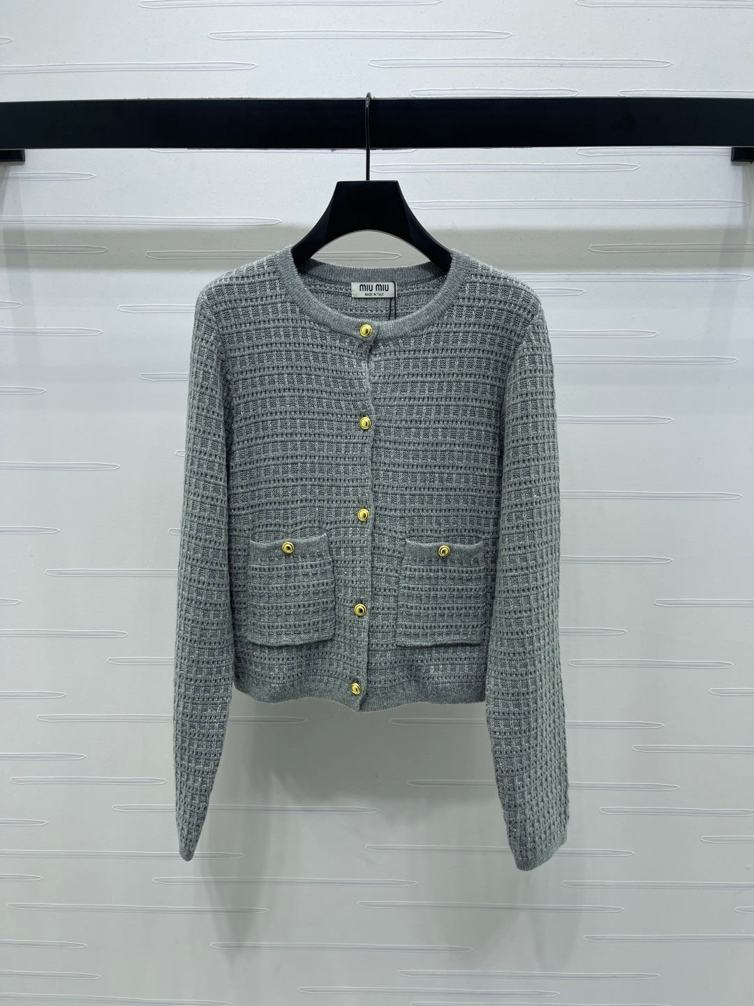 Miu Waffle-Knit Cardigan Gold Buttons Beige Wool 415898
