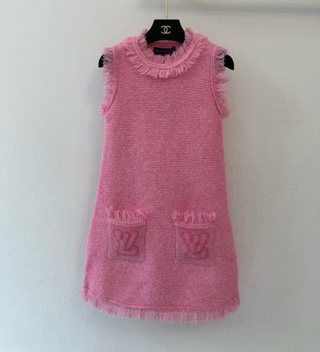 LV Sleeveless Mini Dress Initials Wool Frayed Trim 421051