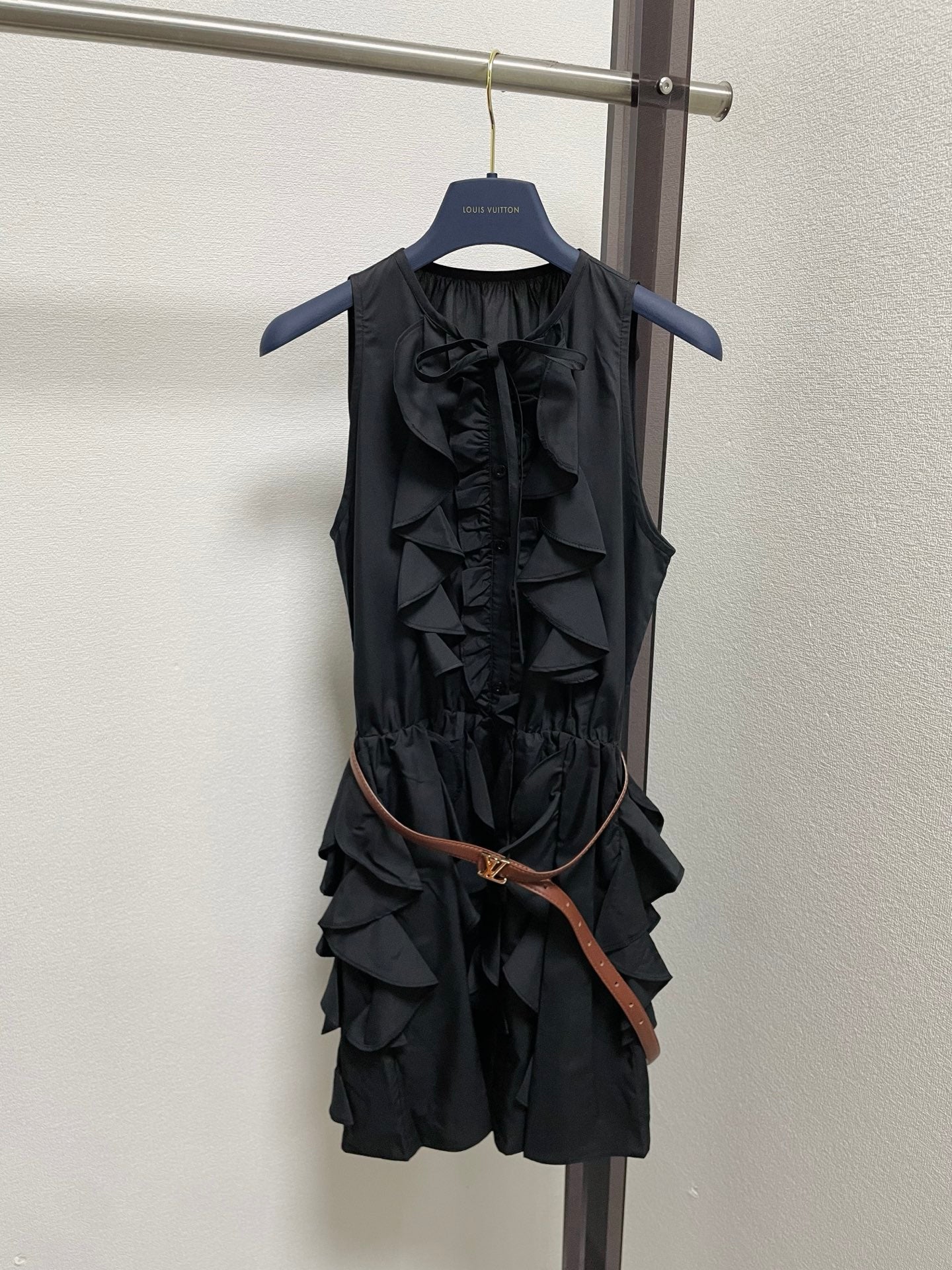 LV Sleeveless Ruffled Dress Leather Belt Polyester 413736