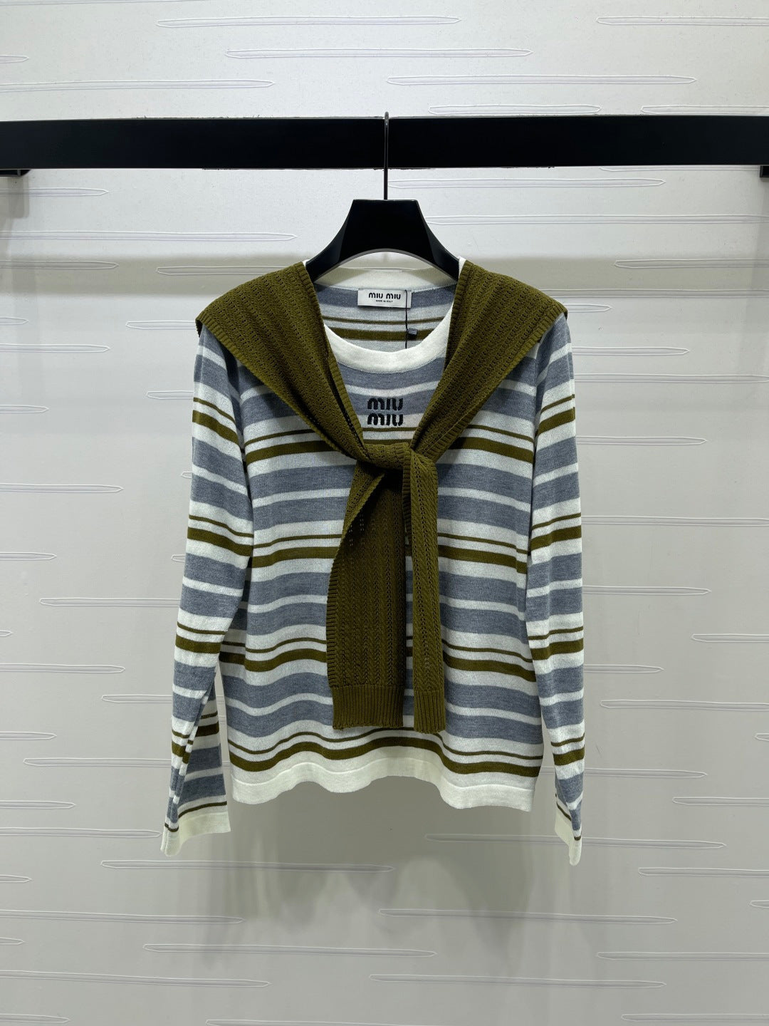 Miu 26s Striped Shawl Knit Long-Sleeved Top Wool 423904