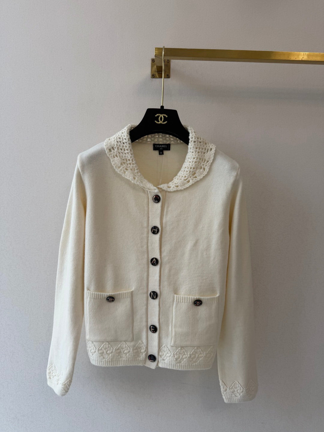 CC 26S Knit Cardigan Crocheted Collar Patch Pockets Cashmere 433527