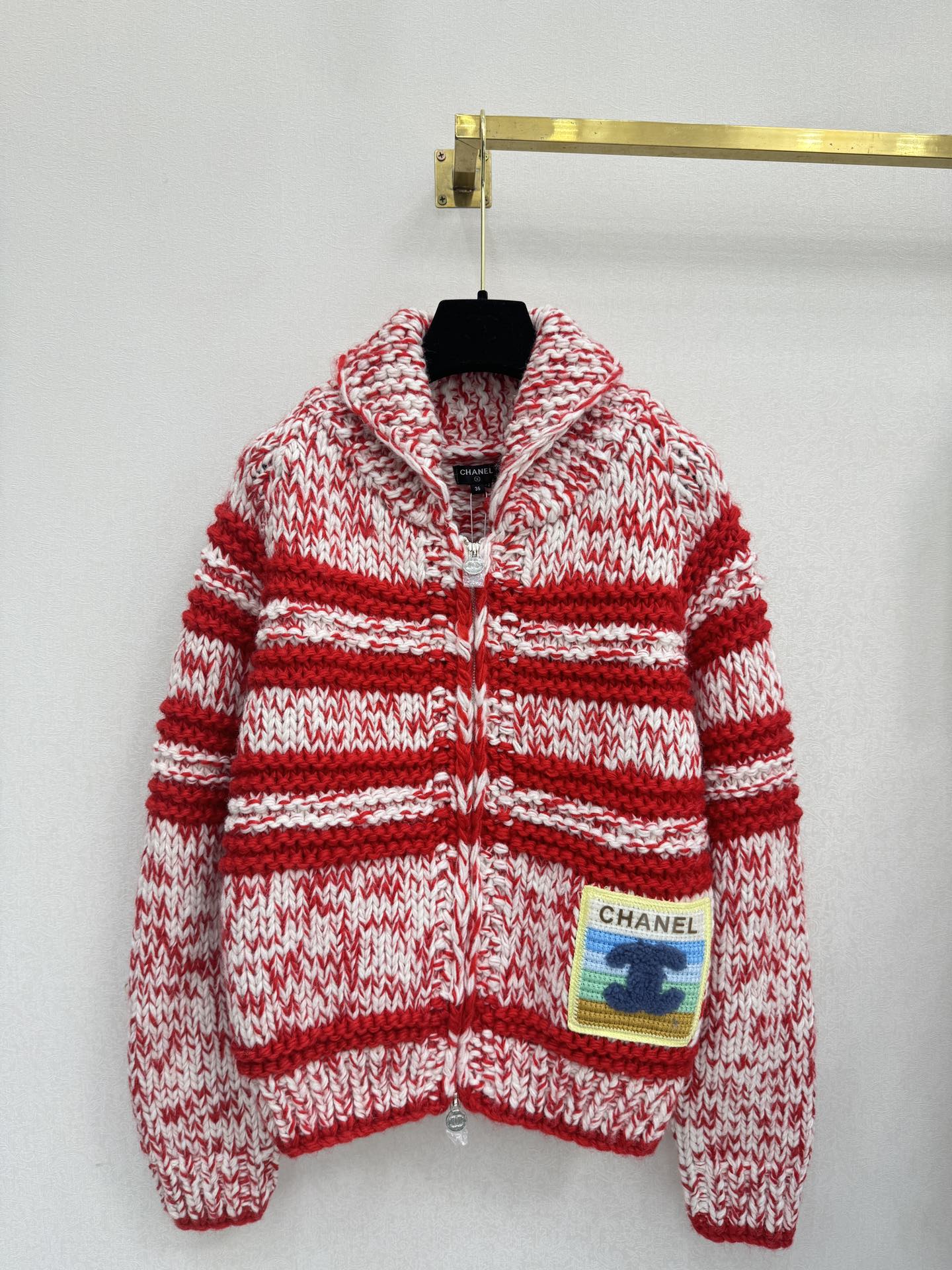 CC 26S Striped Knit Zip-Up Cardigan Shawl Collar Patch Pocket Cashmere 433499