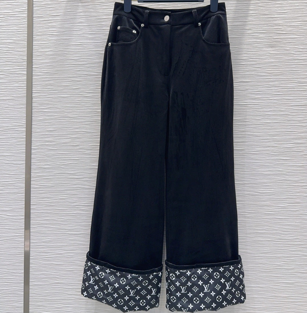 LV 26FW Wide-Leg Trousers Monogram Cuffs Polyester 436394