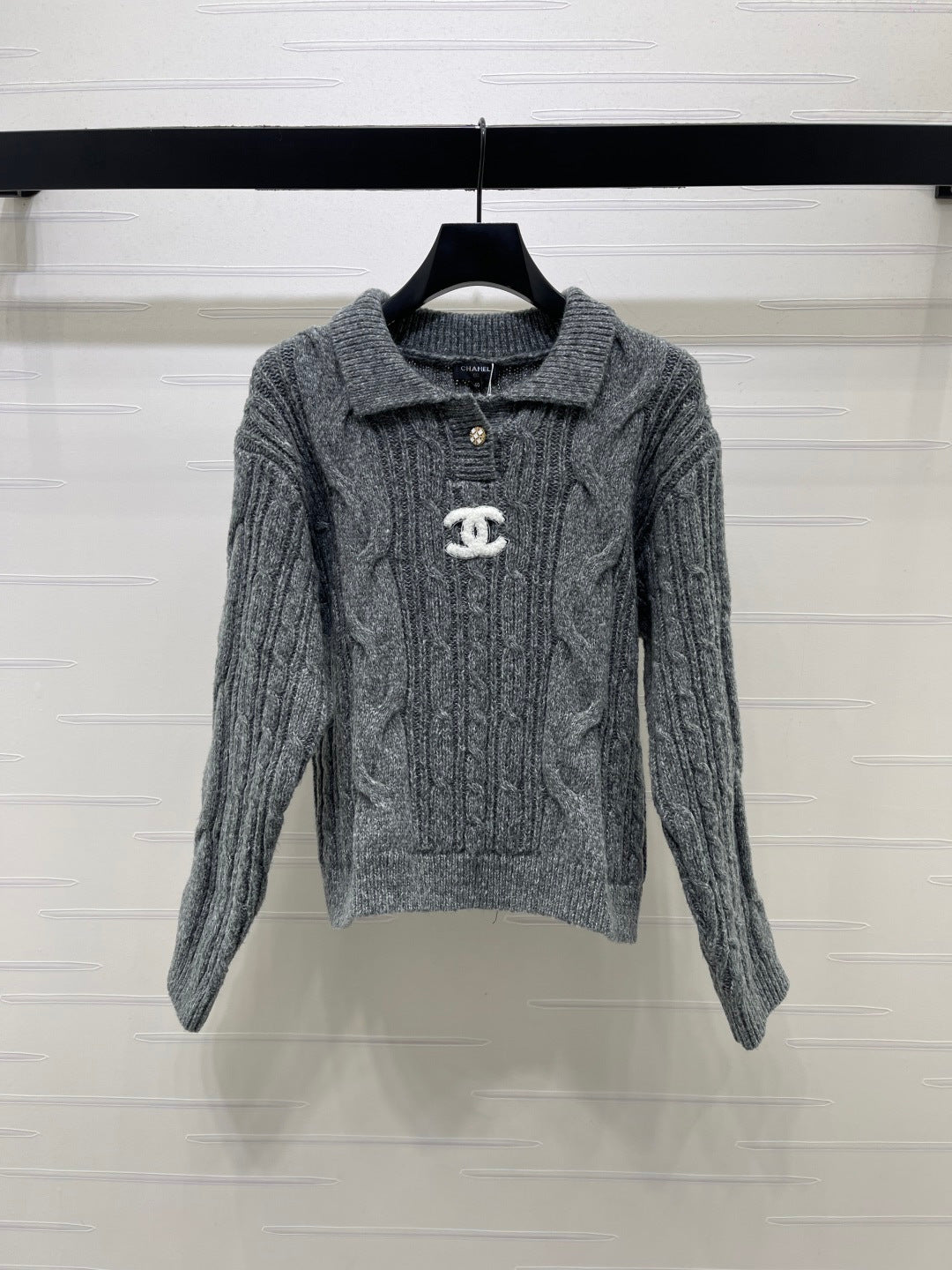 CC 26FW Cable-Knit Polo Sweater Double C Logo Patch Wool 274021