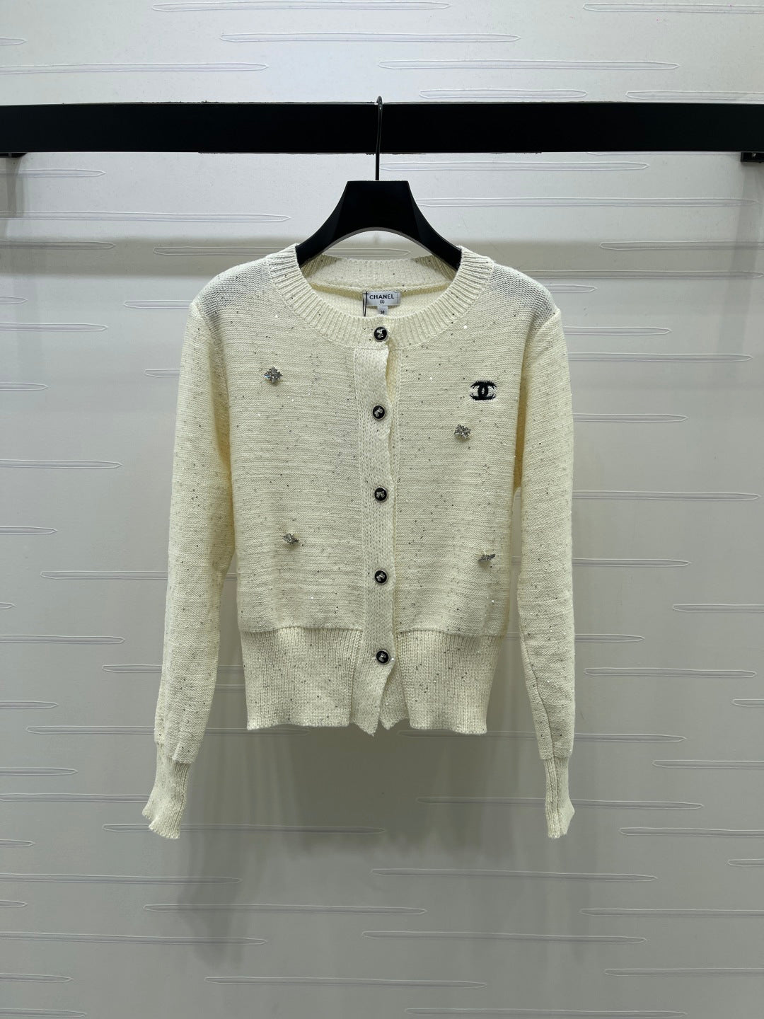 CC 26FW Crystal-Embellished Knit Cardigan Cream Wool 439885