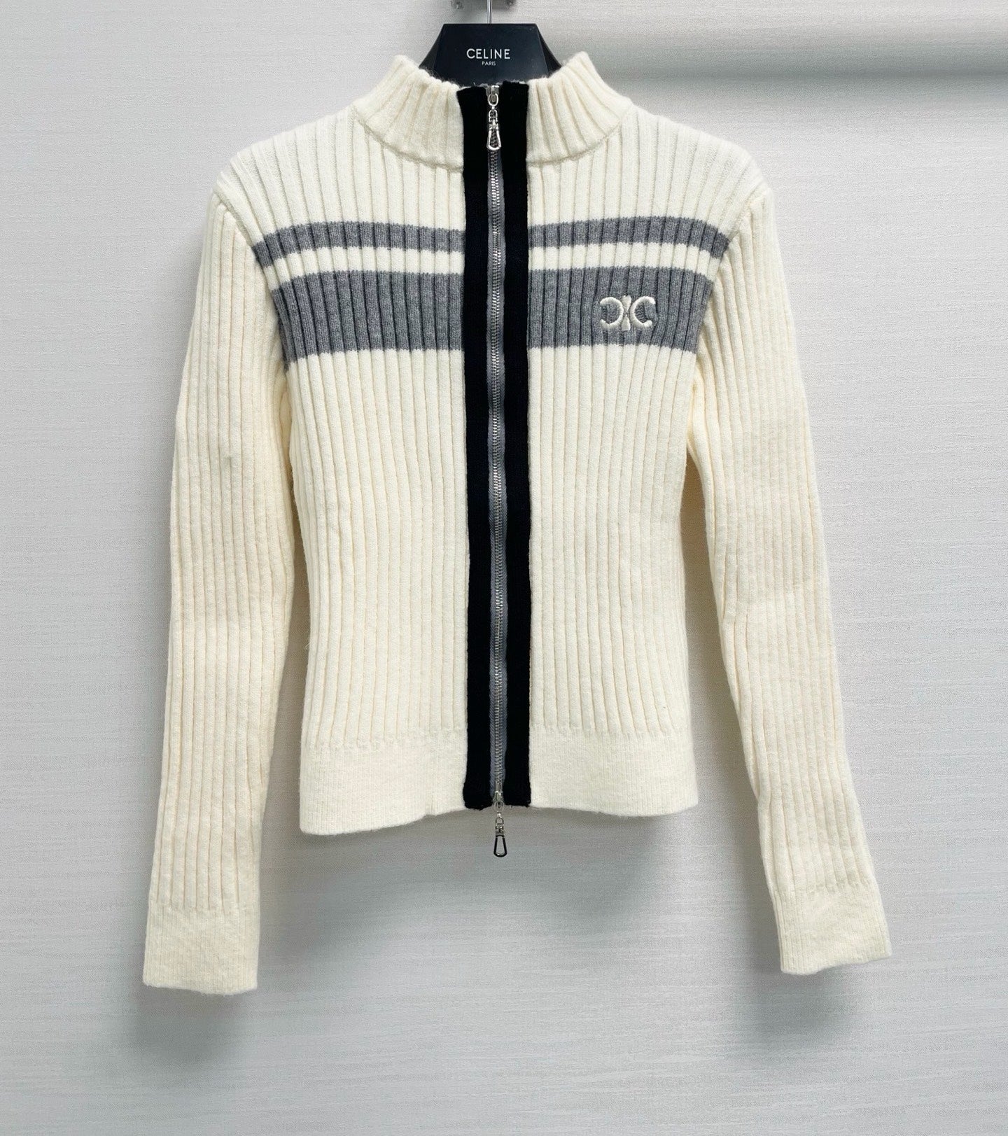 Miu 26FW Ribbed-Knit Zip-Up Cardigan Stripe Wool 440311