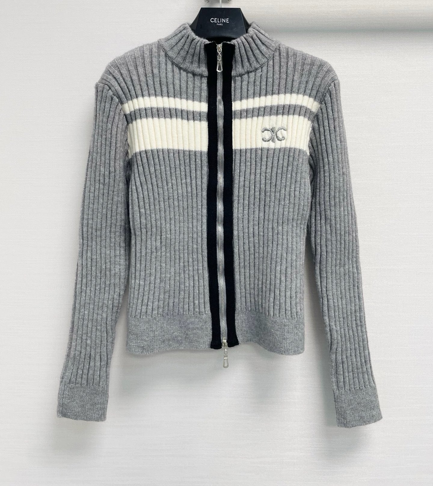 Miu 26FW Ribbed-Knit Zip-Up Cardigan Stripe Wool 440311