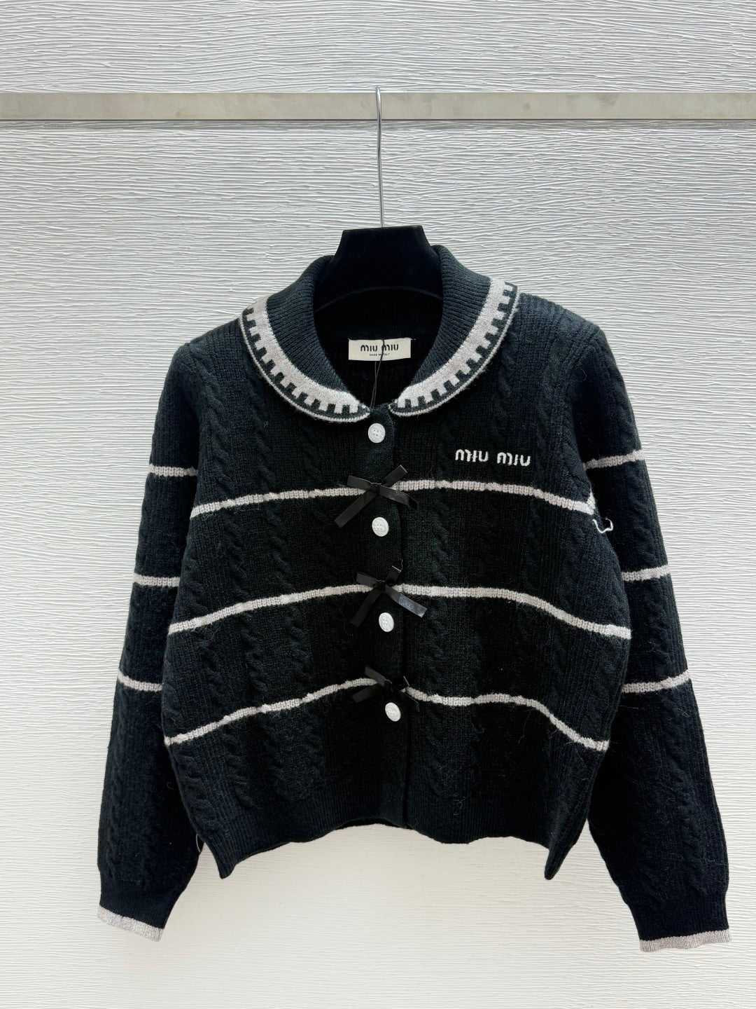 Miu 26FW Striped Cable-Knit Sailor-Collar Cardigan Sweater Bow Details Wool 313546