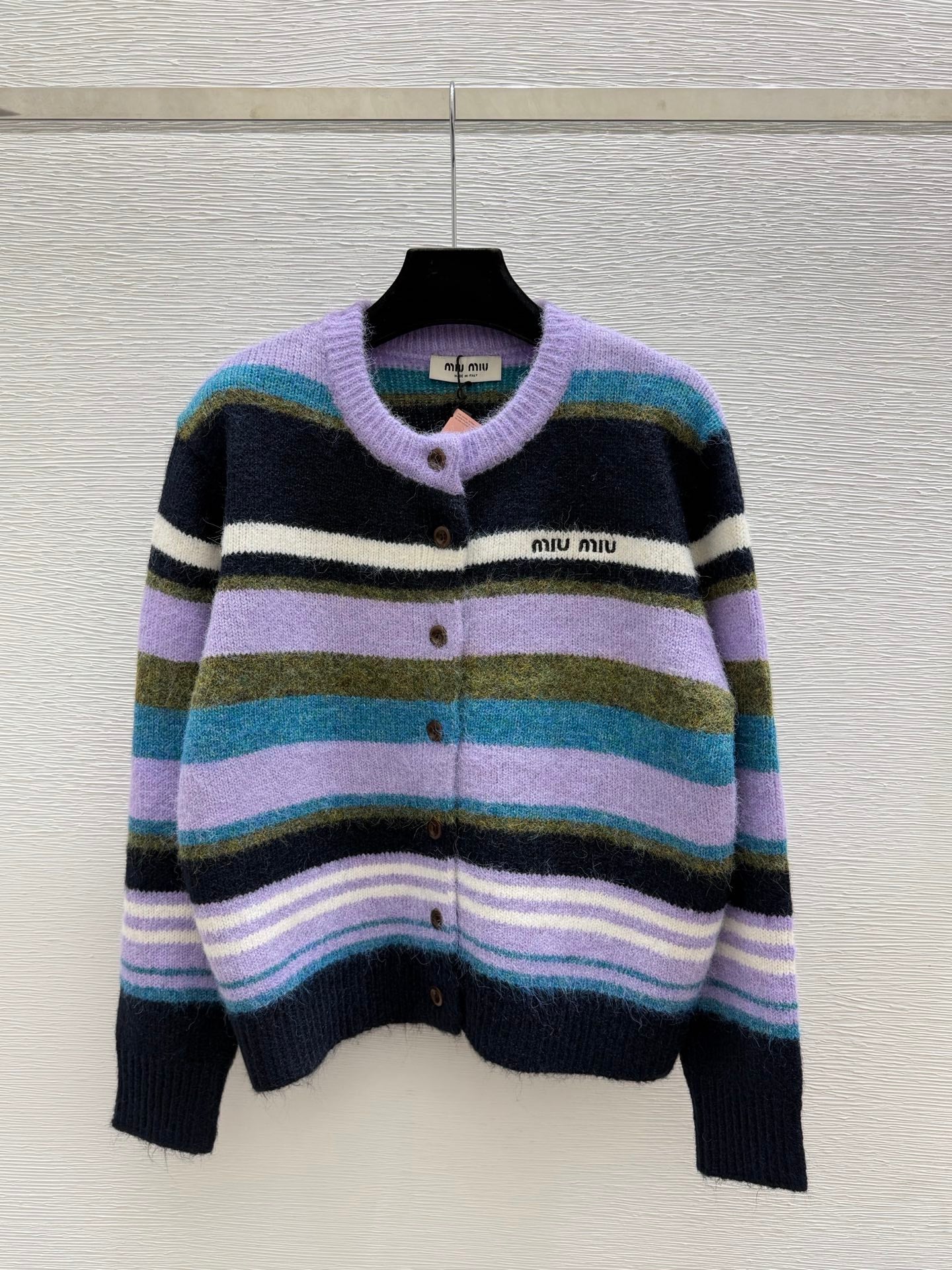 Miu 26FW Striped Knit Cardigan Round Neck Button-Front Multi-Color Wool 313340