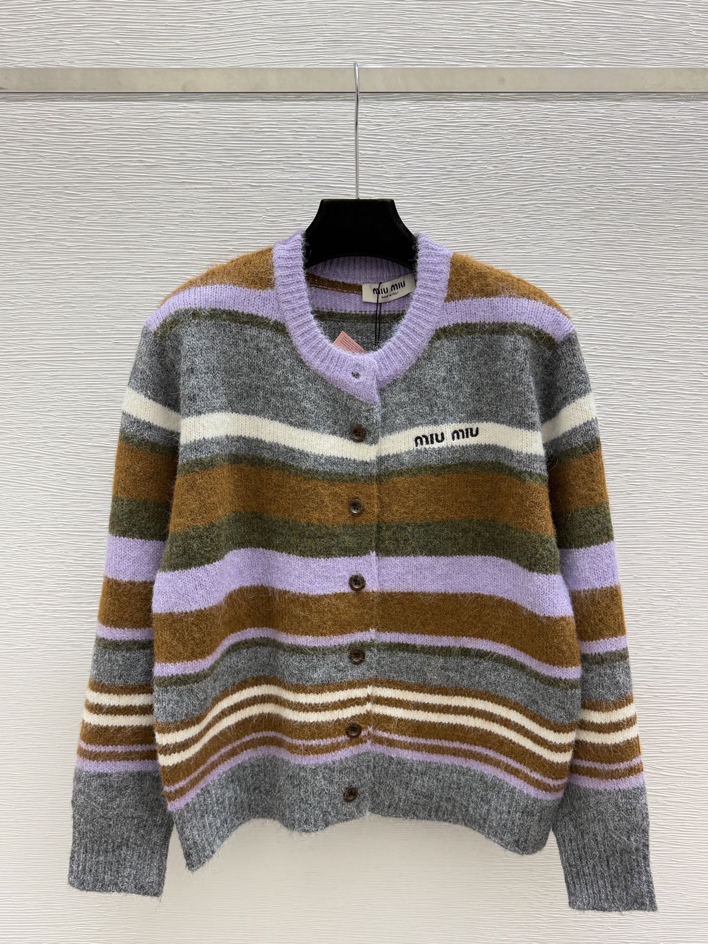 Miu 26FW Striped Knit Cardigan Round Neck Button-Front Multi-Color Wool 313340