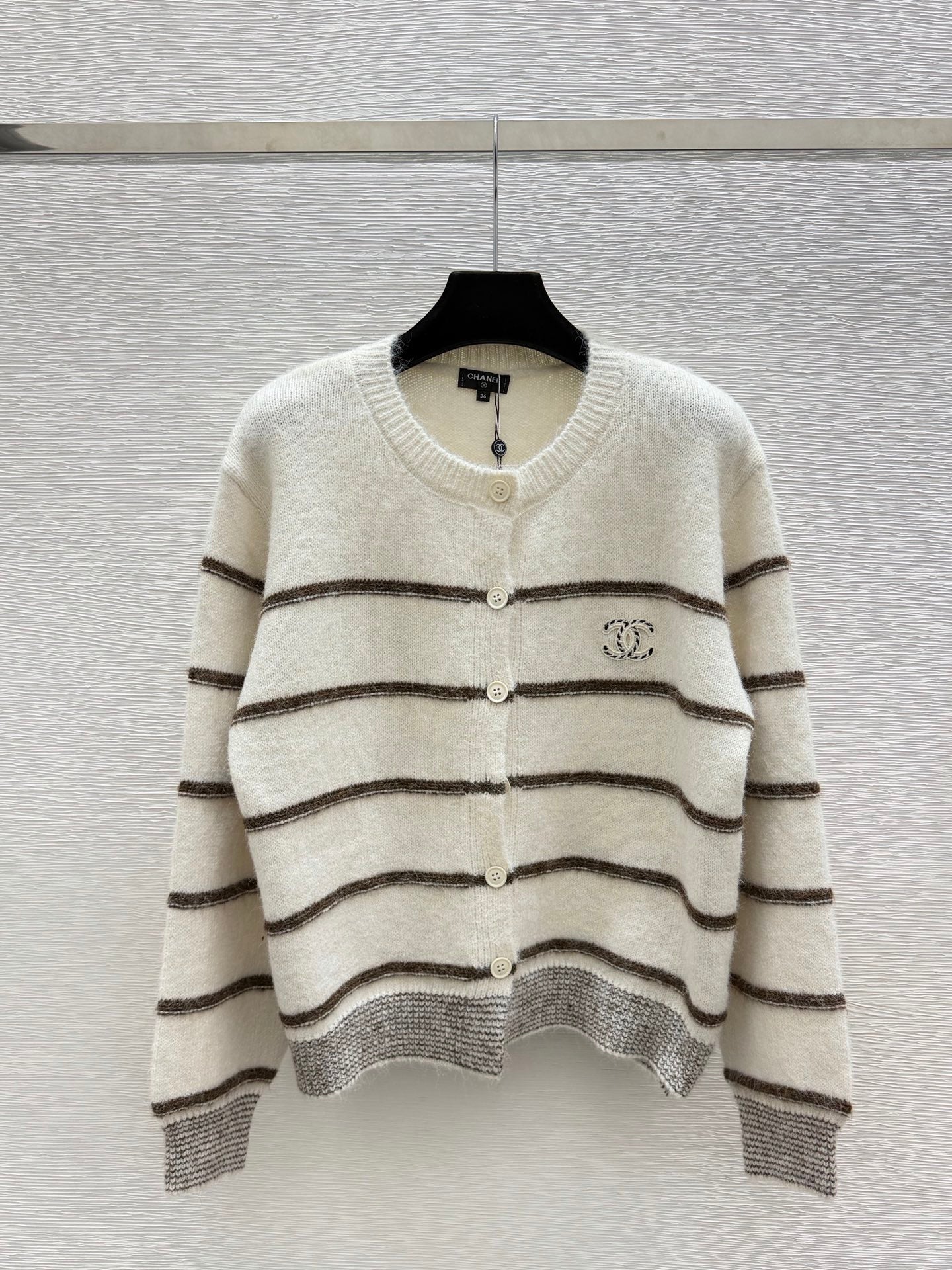 CC 26FW Striped Knit Cardigan Round Neck Button-Front Double-C Logo Cashmere 313318
