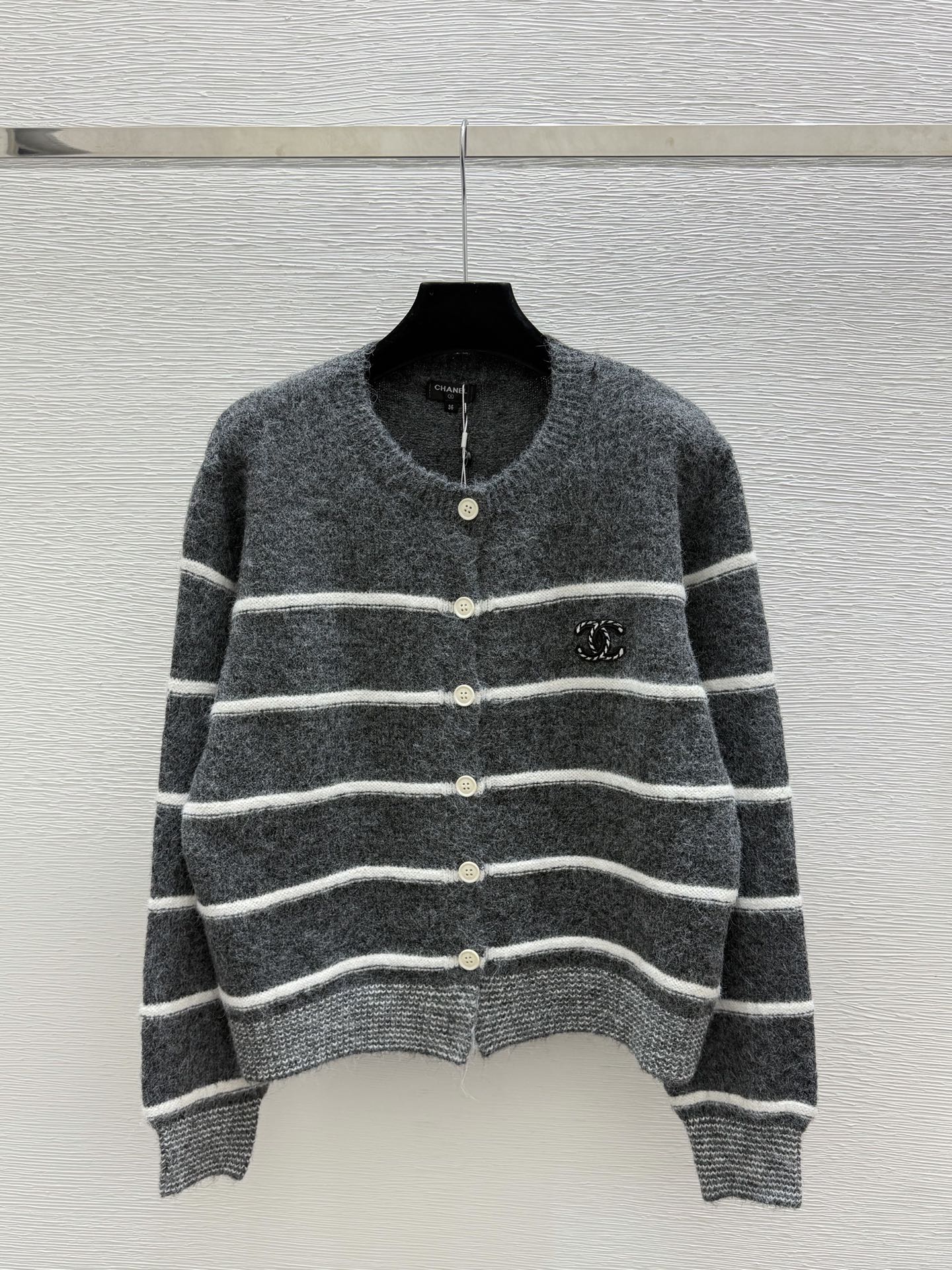 CC 26FW Striped Knit Cardigan Round Neck Button-Front Double-C Logo Cashmere 313318