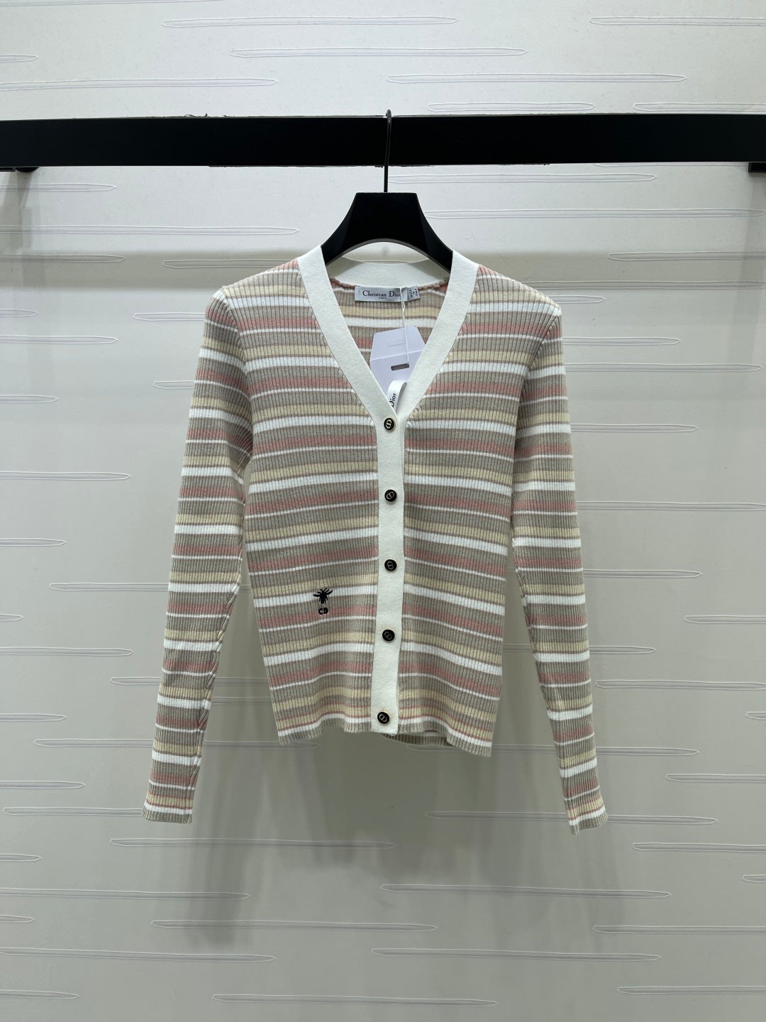 CD 26FW Striped V-Neck Cardigan Three-Tone Letter Embroidery Imported Wool 446569
