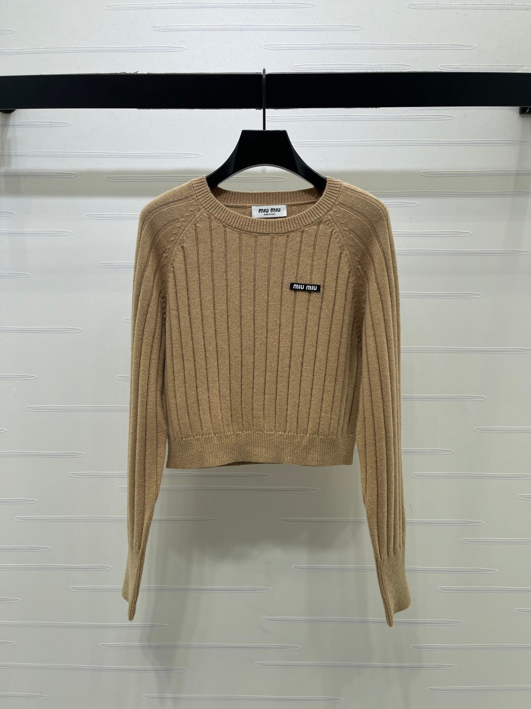 Miu 26FW Cropped Ribbed Crewneck Sweater Logo Jacquard Wool 446555