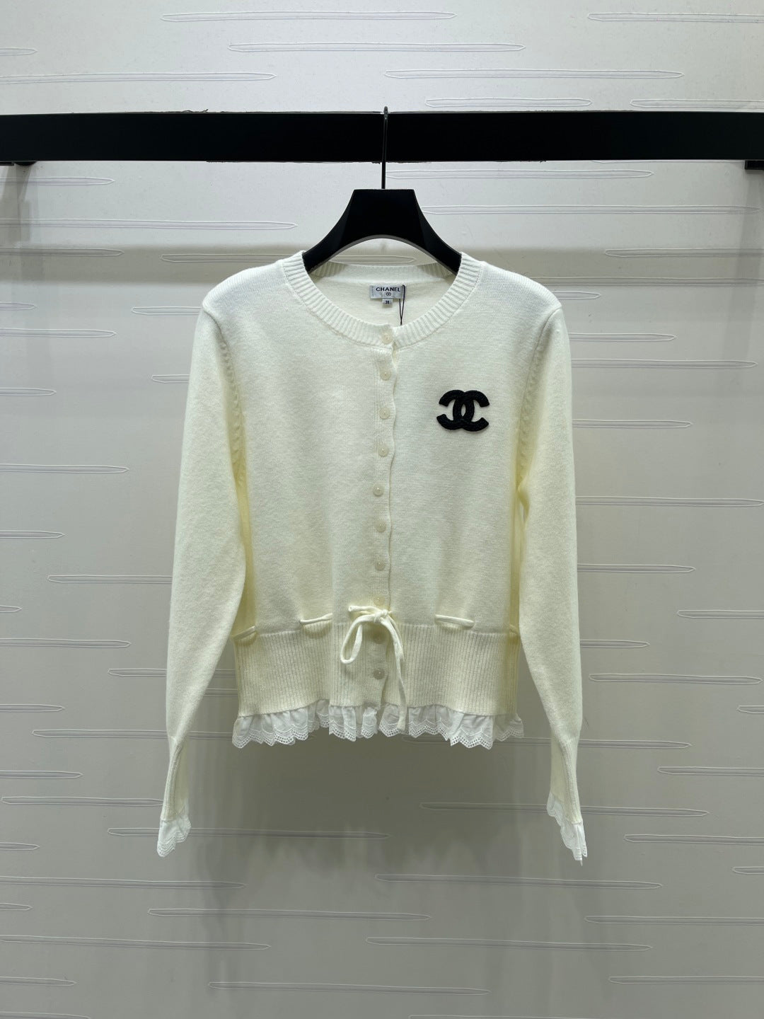 CC 26FW Lace-Trim Crewneck Cardigan Double-C Embroidery Wool 446521