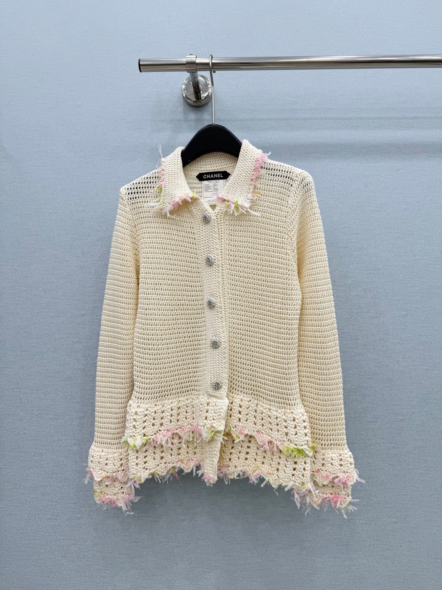 CC 26FW Vintage Openwork Crochet Lapel Sweater Wool Alpaca Blend 447653
