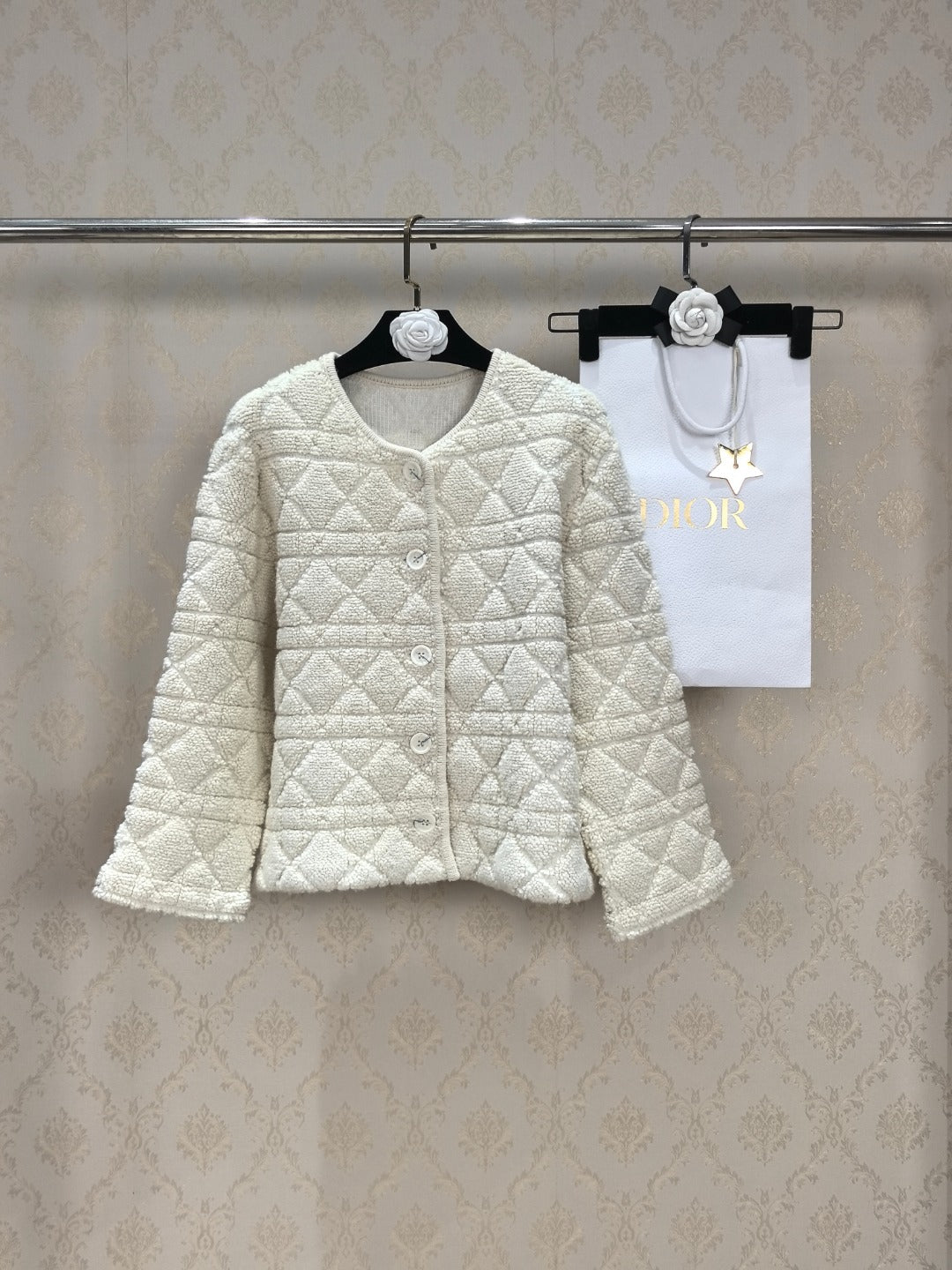 CD 26S Cannage Quilted Jacket Round Neck Button Front Sheep Wool 448114