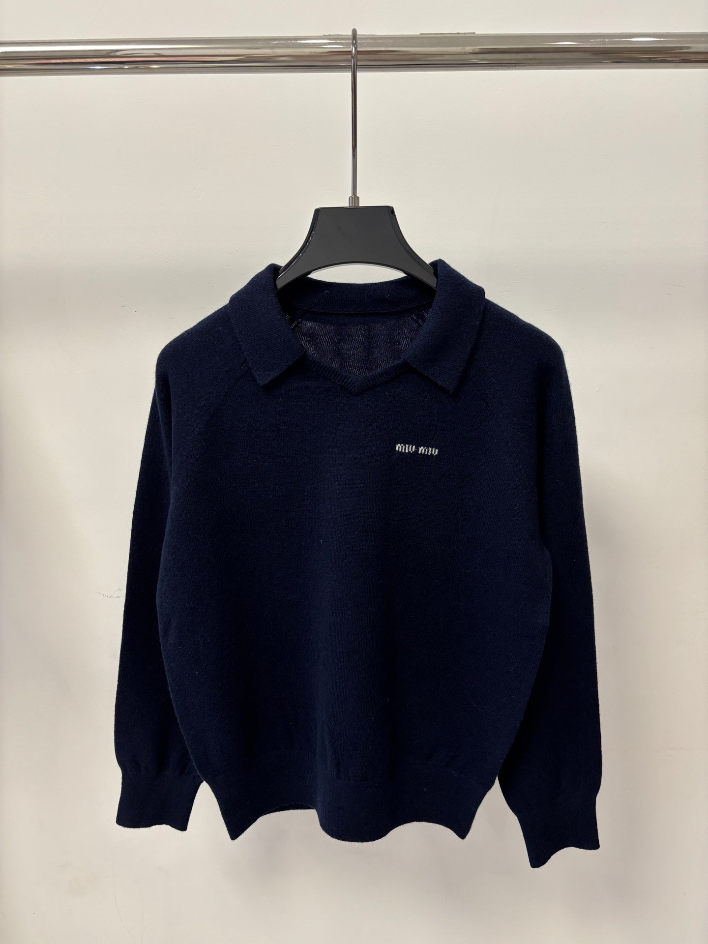 Miu 26S Polo Collar Knit Top Contrast Letter Logo Embroidery Jacquard Wool Blend 448078