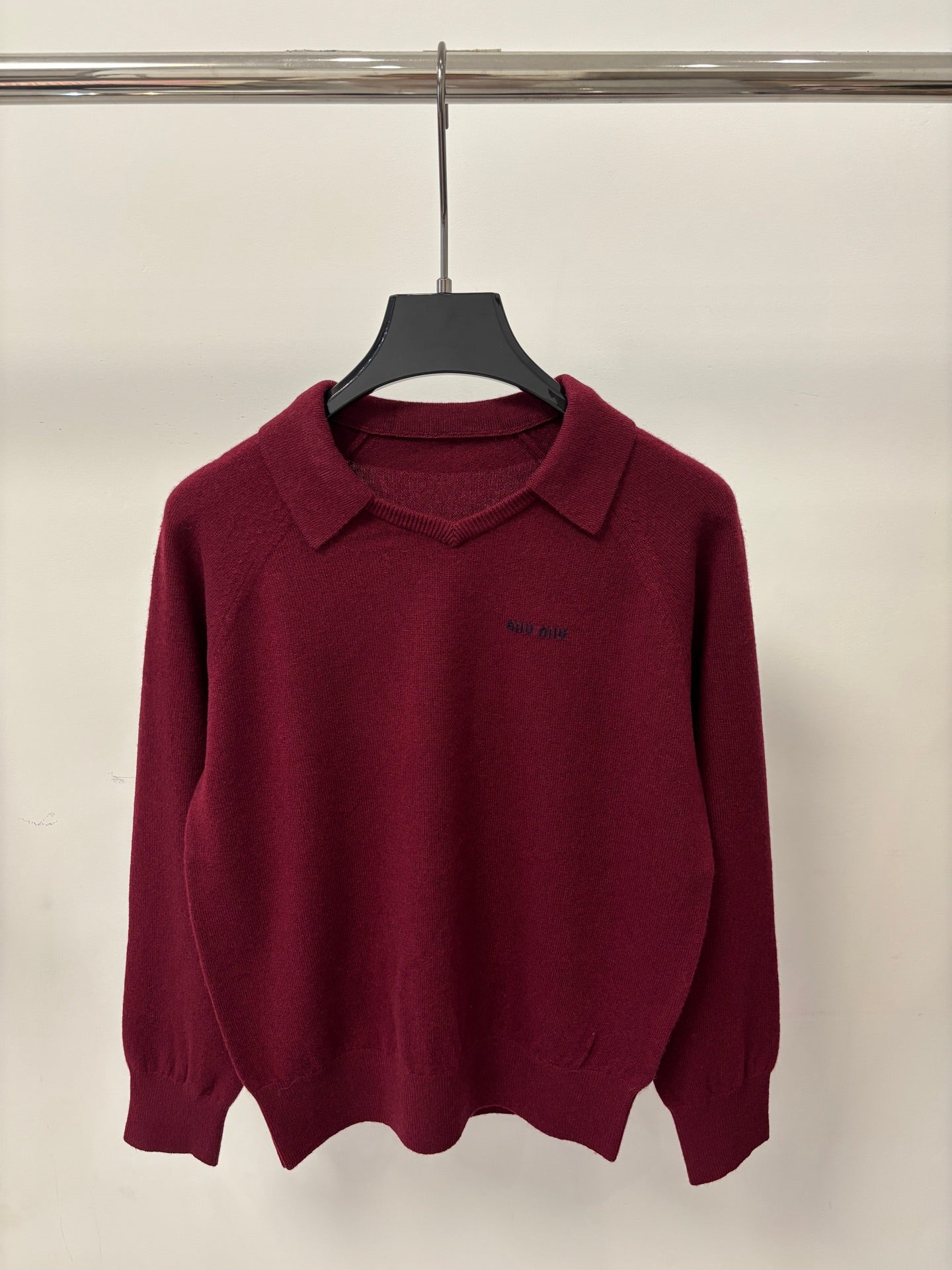 Miu 26S Polo Collar Knit Top Contrast Letter Logo Embroidery Jacquard Wool Blend 448078