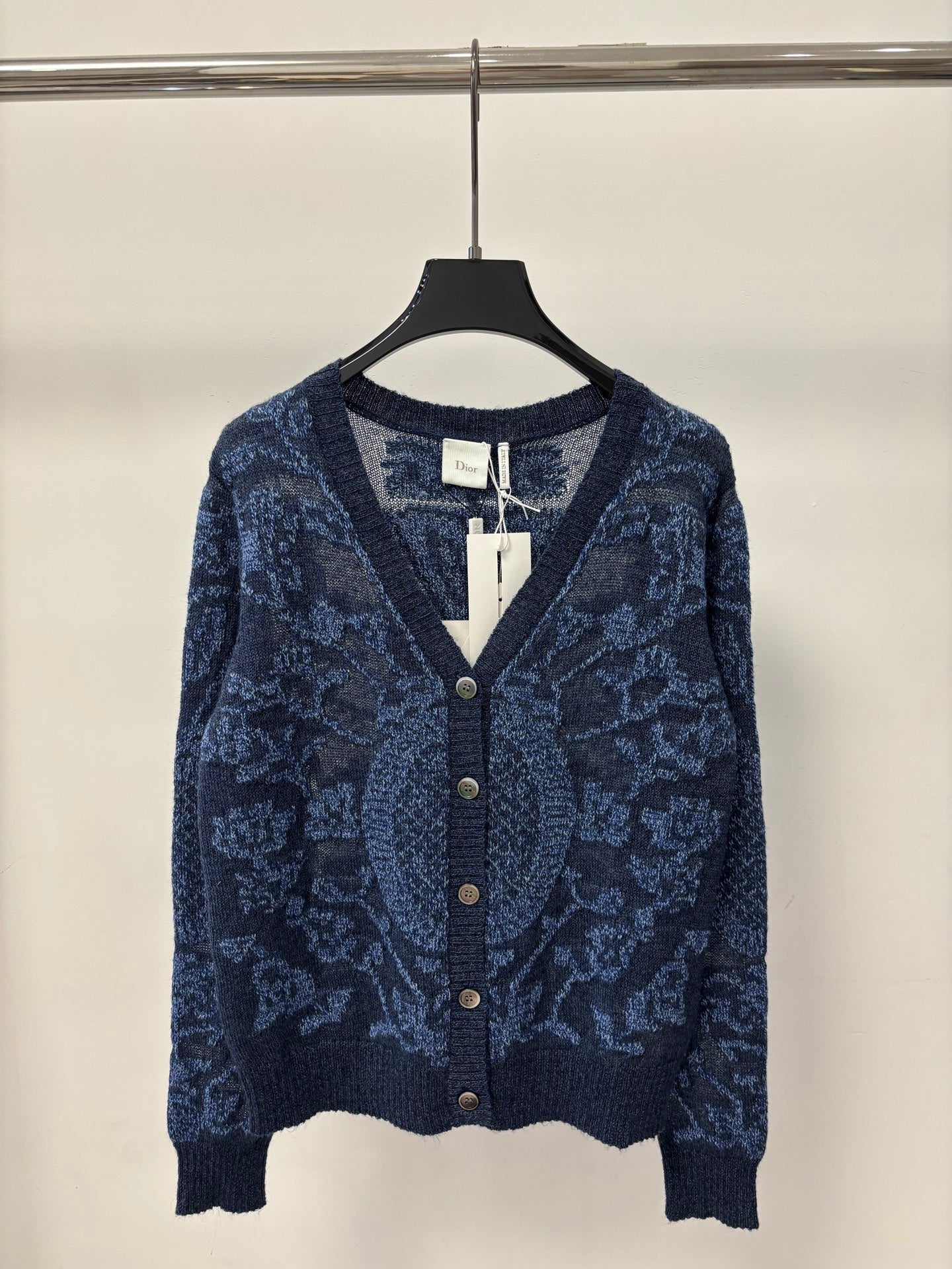 CD 26S V-Neck Cardigan Porcelain Jacquard Contrast Trim Silk 448070