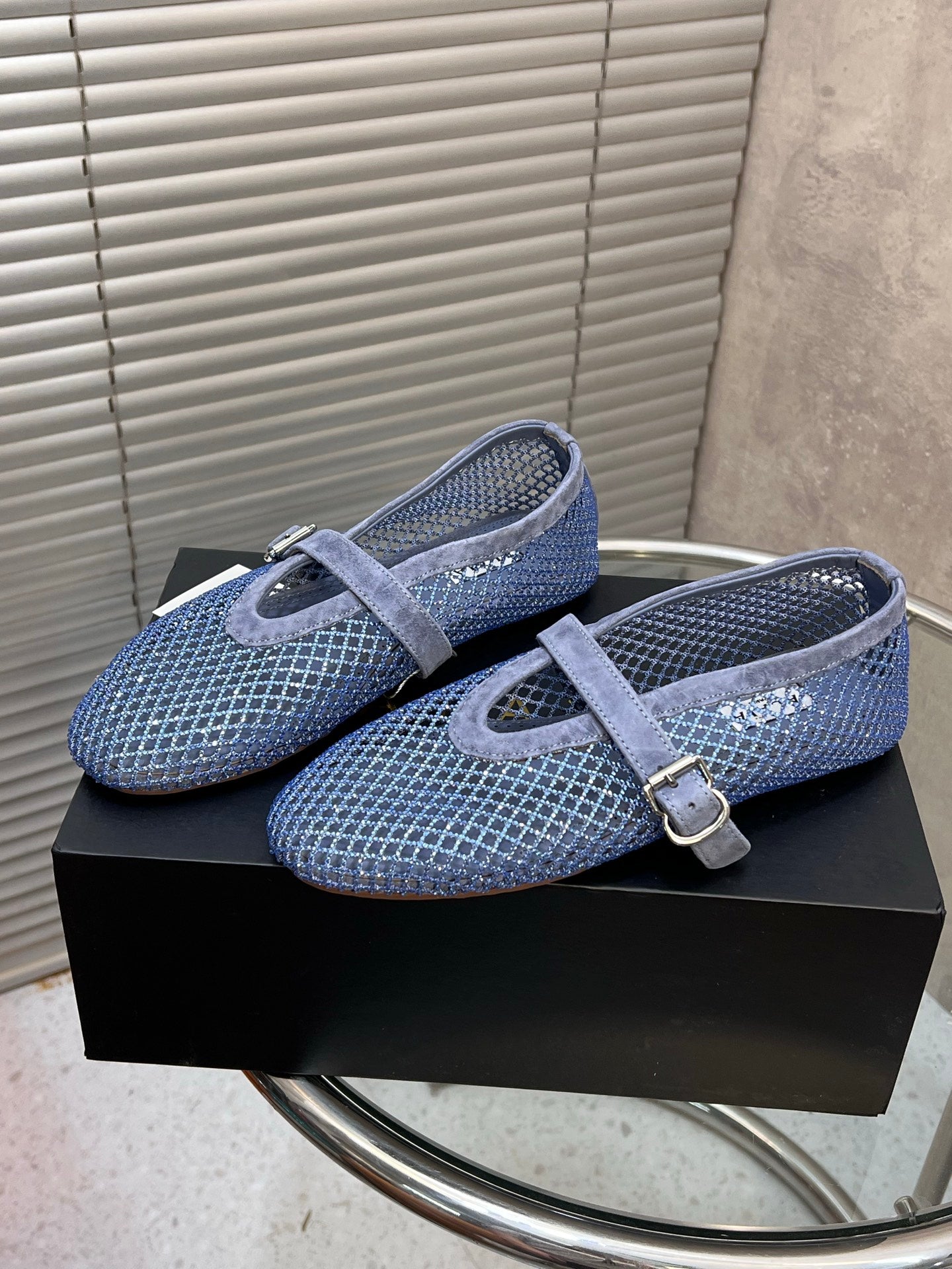 Alaia 26FW Strass Fishnet Ballet Flats Buckle Strap Suede 195860
