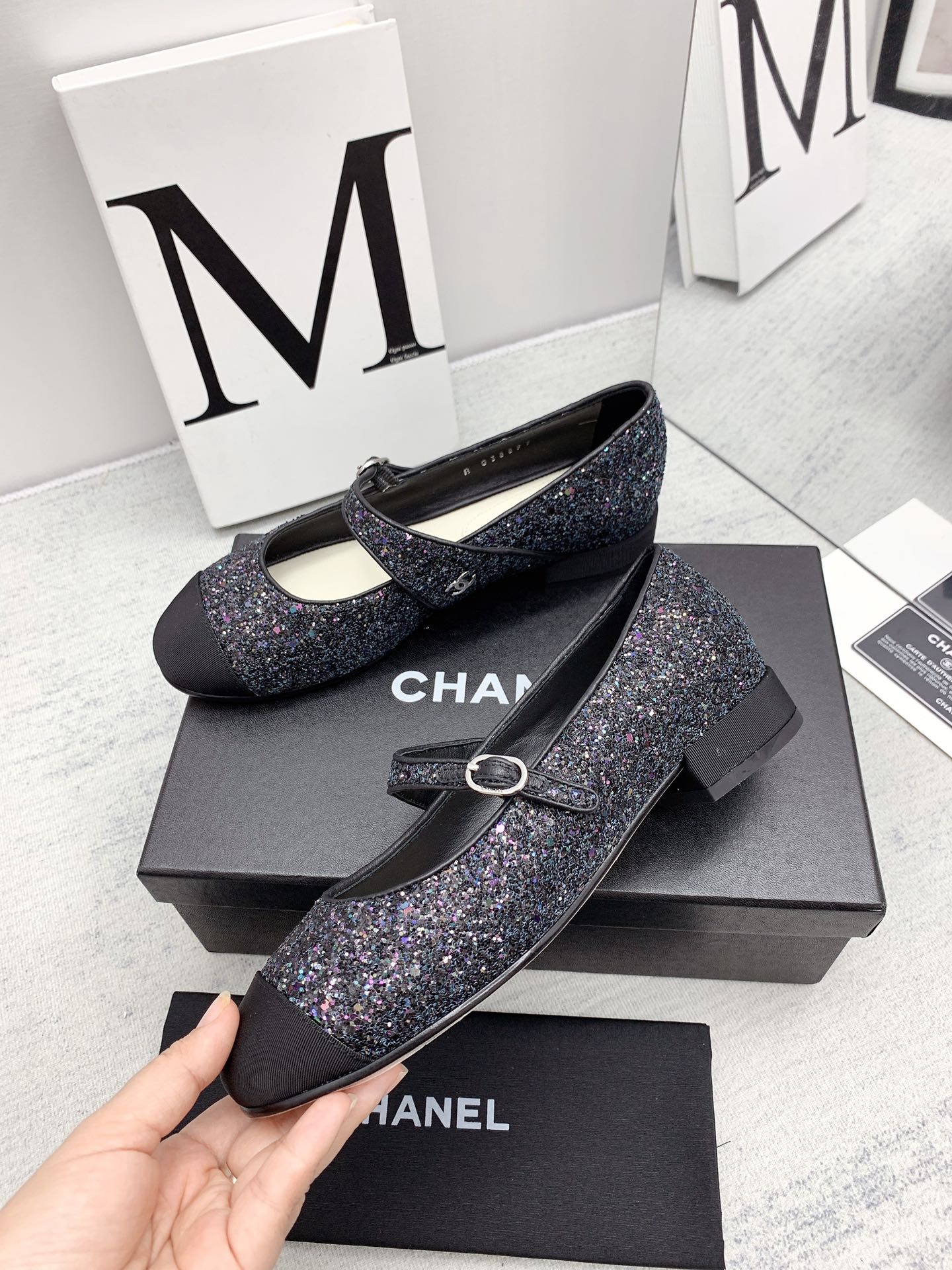 CC 2026 Logo Mary Jane Ballet Flats Calfskin Glitter 161755