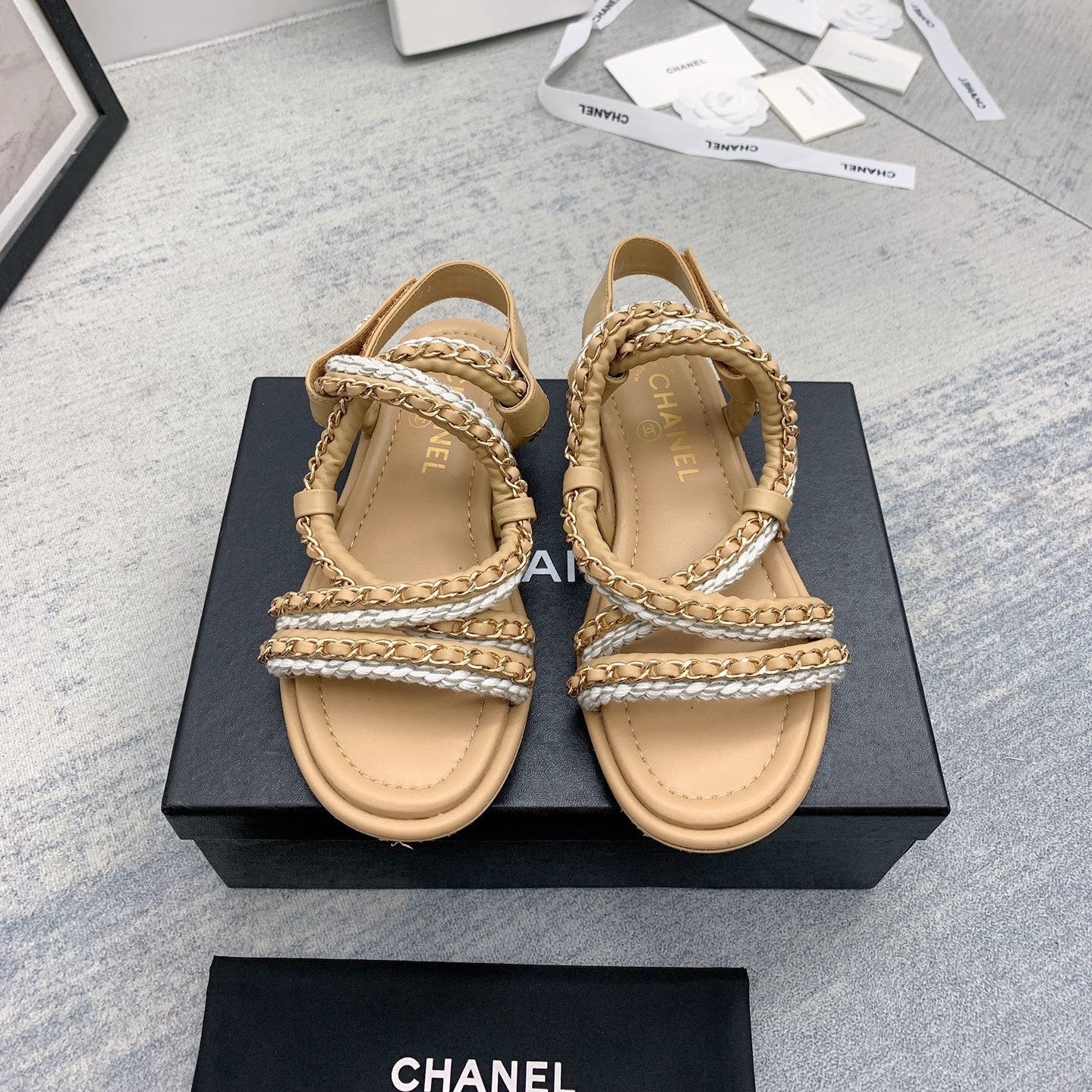 CC 26s Strappy Sandals Gold Interlocking Chain Lambskin 160057