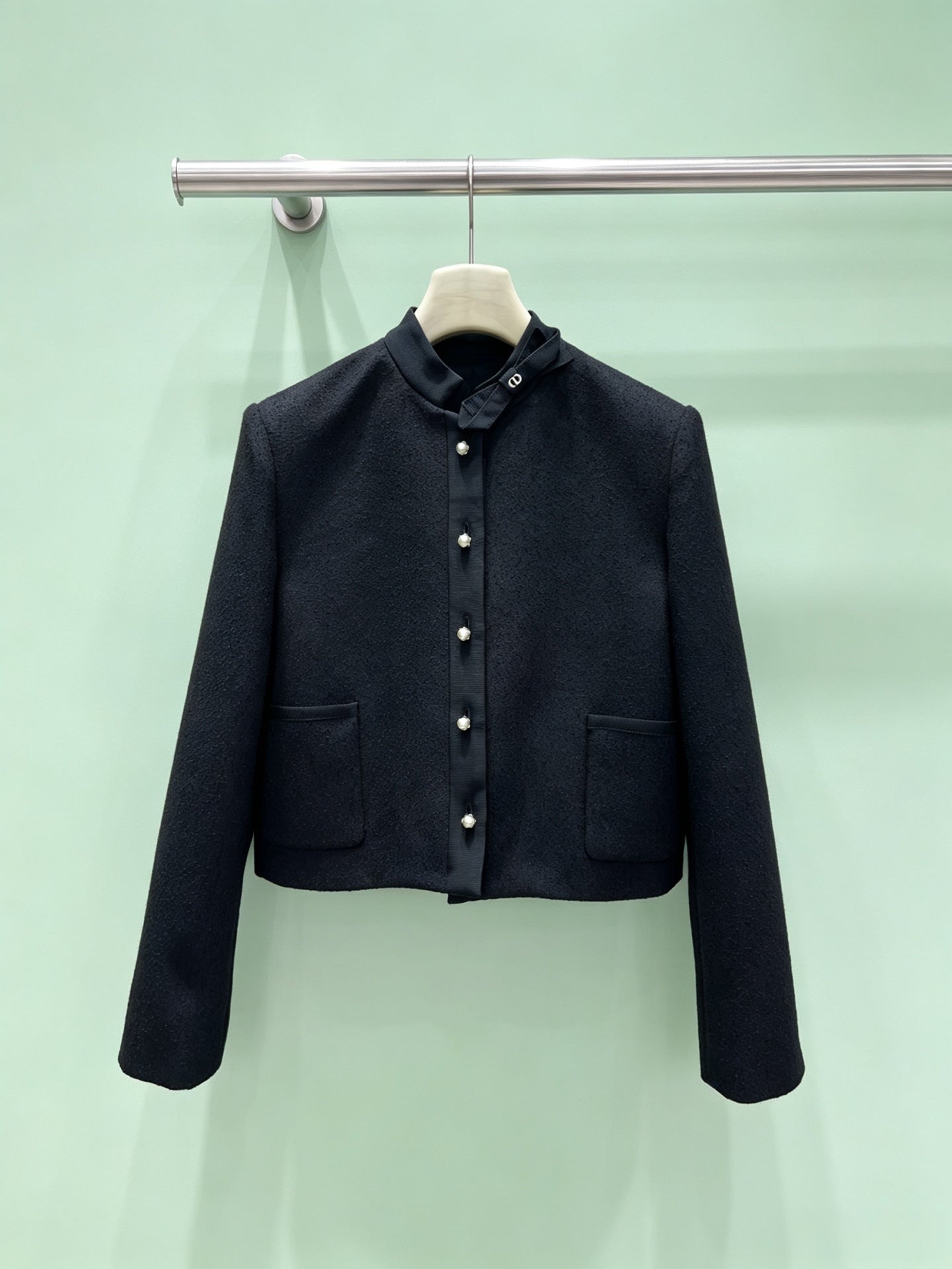 CD 26FW Cropped Stand-Collar Jacket Black Pearl Button Wool Blend 430542