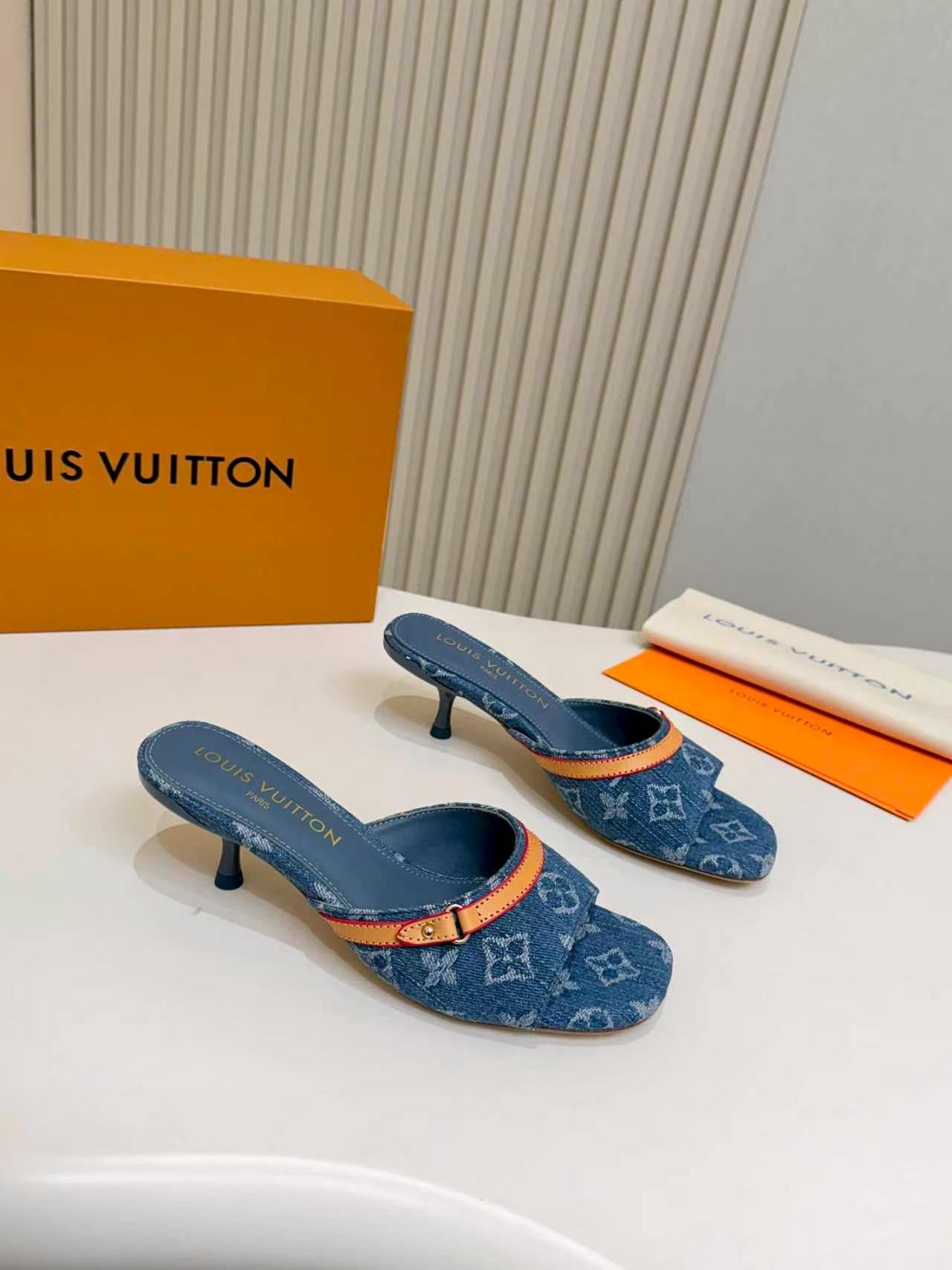 LV Monogram Kitten Heel Mule Sandals 5.5cm Canvas Leather 840362