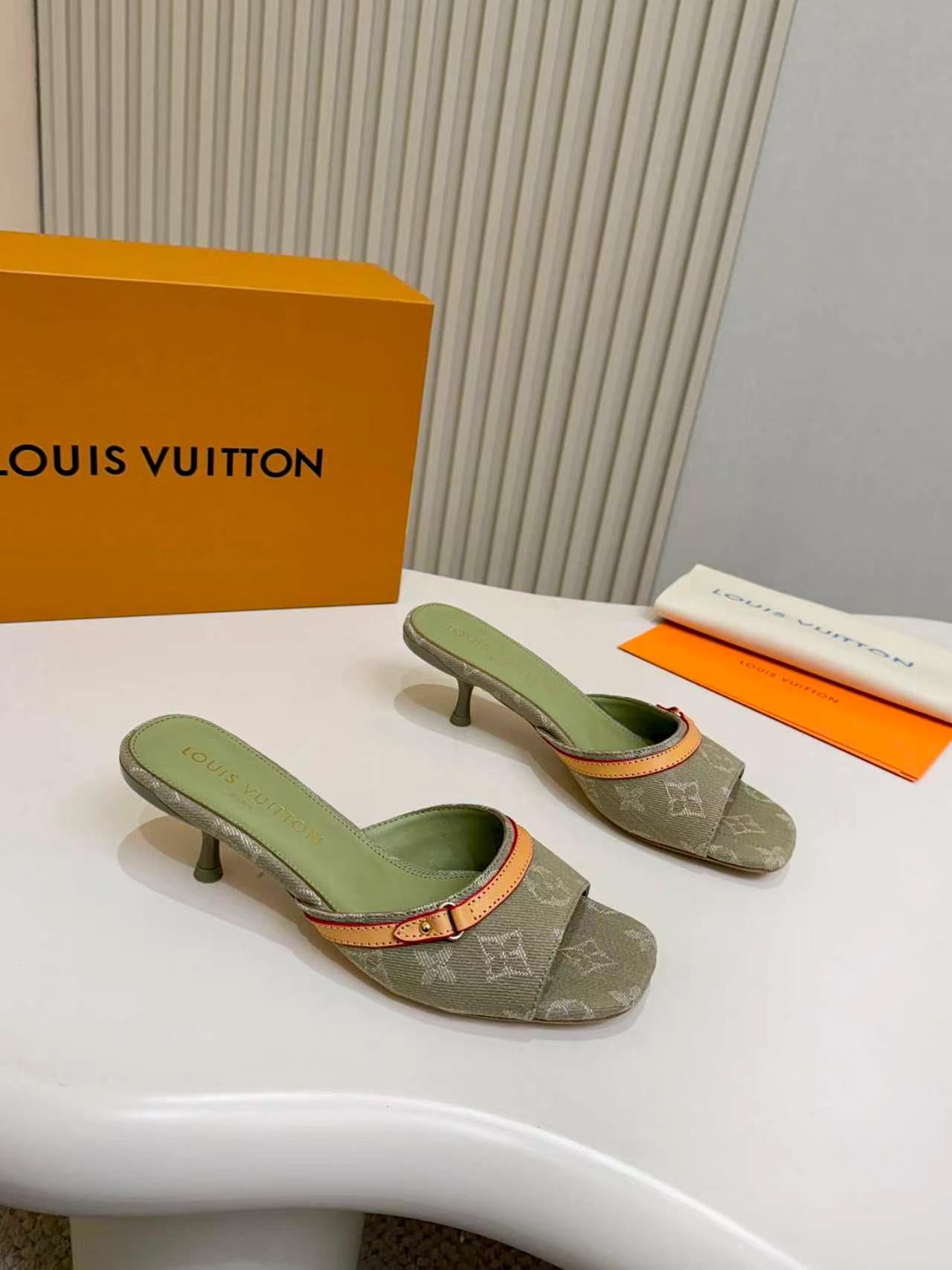 LV Monogram Kitten Heel Mule Sandals 5.5cm Canvas Leather 840362