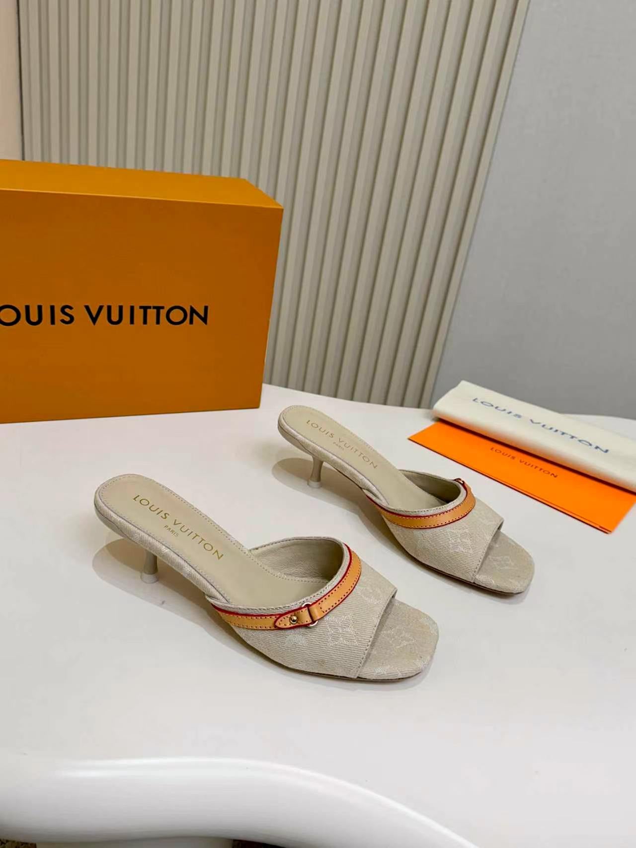LV Monogram Kitten Heel Mule Sandals 5.5cm Canvas Leather 840362