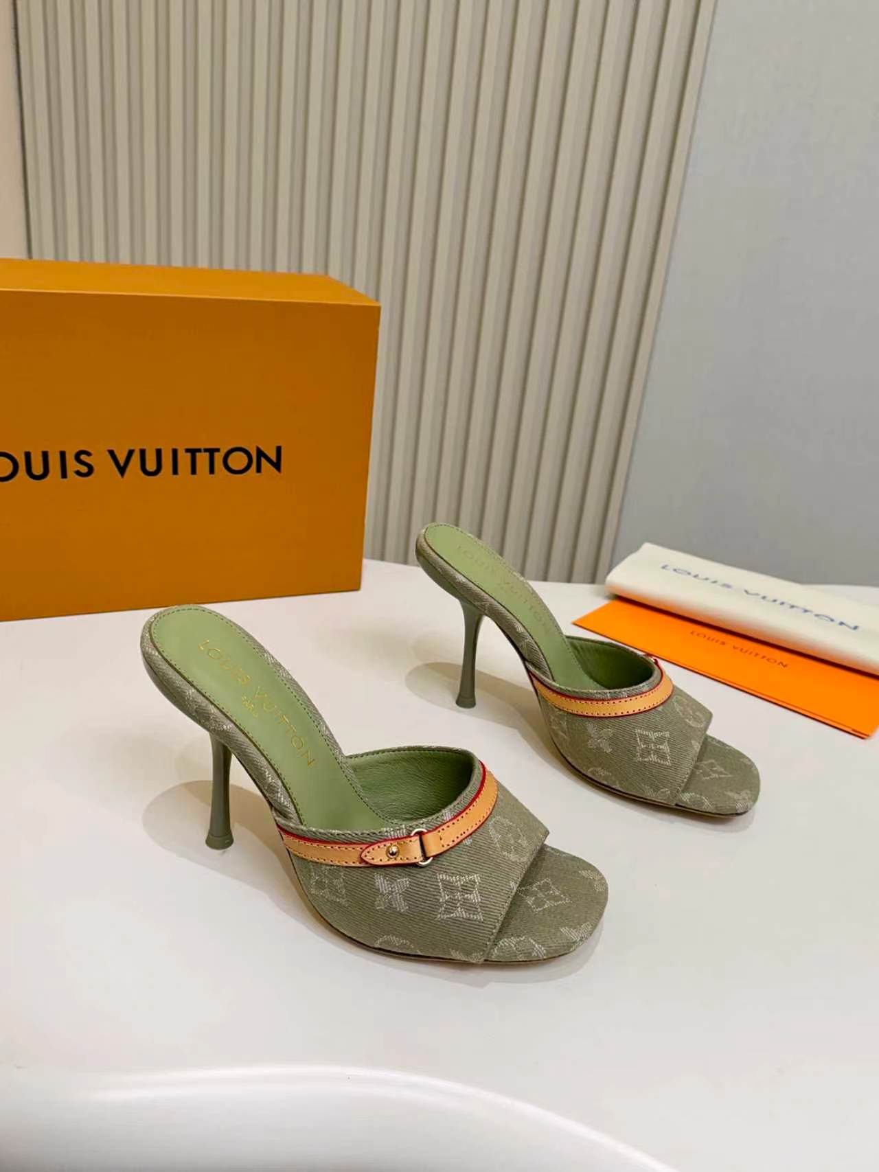 LV Monogram Kitten Heel Mule Sandals 10cm Canvas Leather 840357