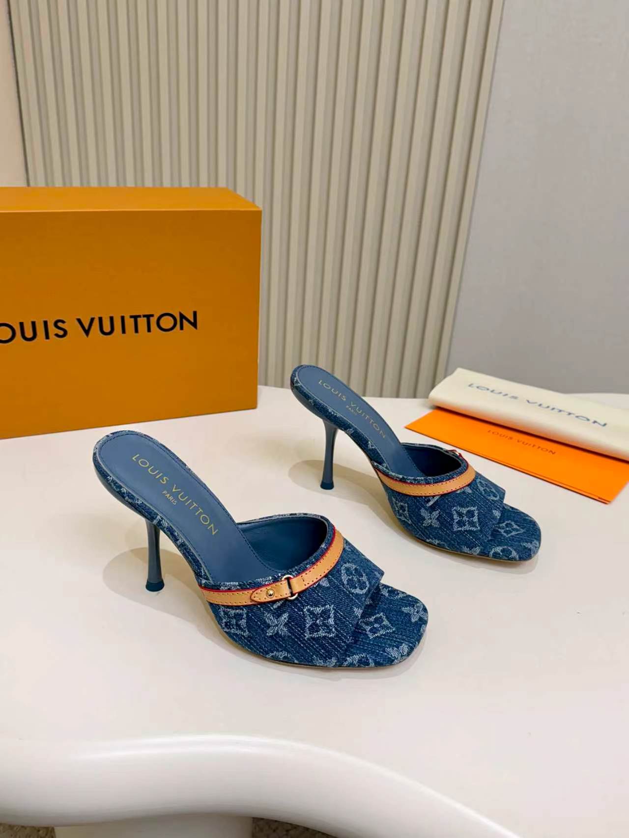 LV Monogram Kitten Heel Mule Sandals 10cm Canvas Leather 840357