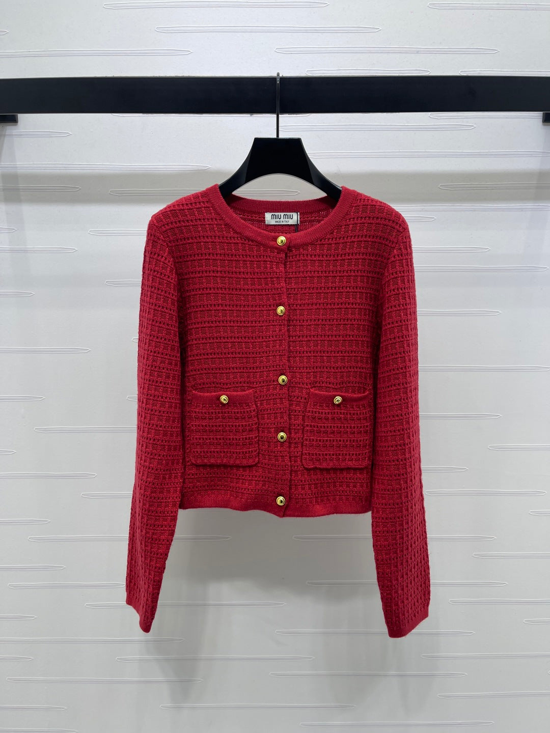 Miu Waffle-Knit Cardigan Gold Buttons Beige Wool 415898