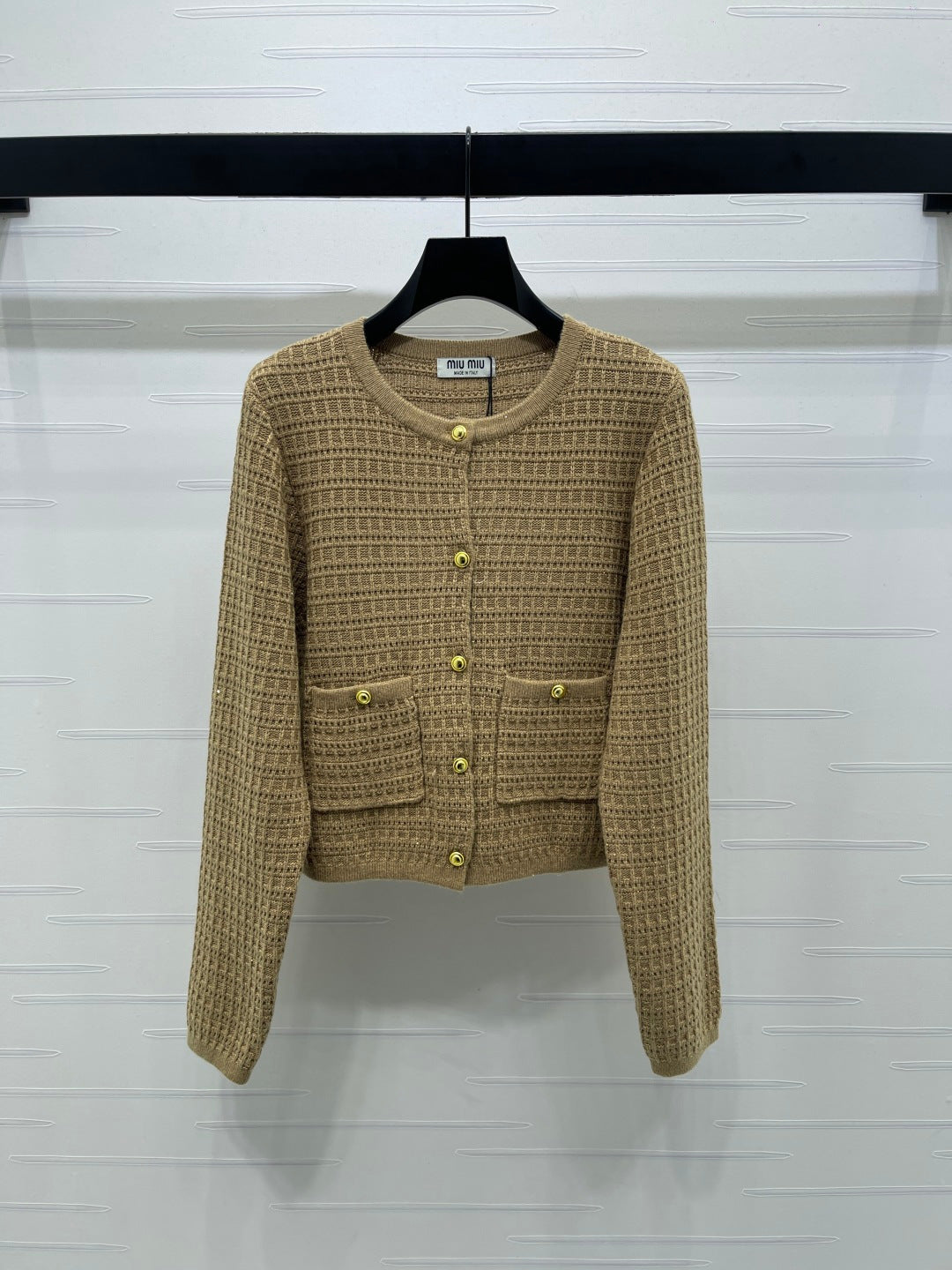 Miu Waffle-Knit Cardigan Gold Buttons Beige Wool 415898
