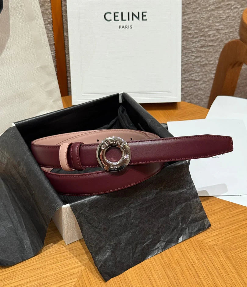 CL 2026 Disc Buckle & Reversible Strap Belt 2.5cm Burgundy Leather