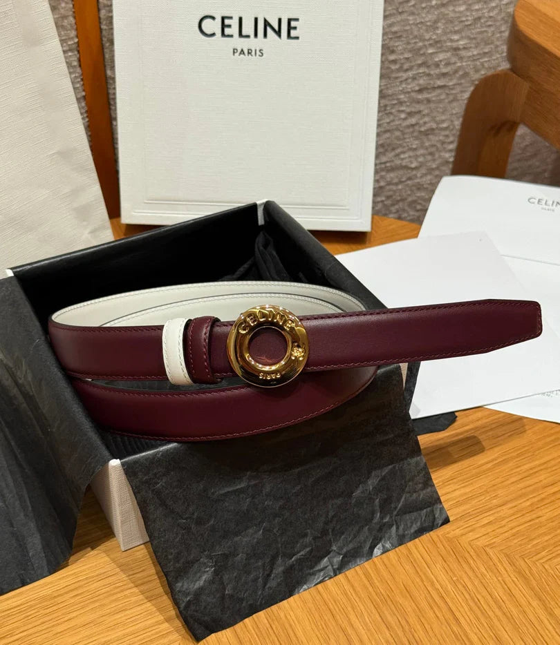 CL 2026 Disc Buckle & Reversible Strap Belt 2.5cm Burgundy Leather