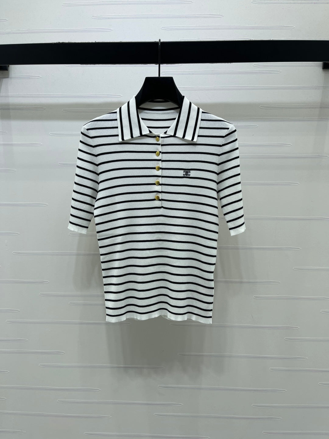 CL Striped Knit Collared Short-Sleeve Shirt in Tencel