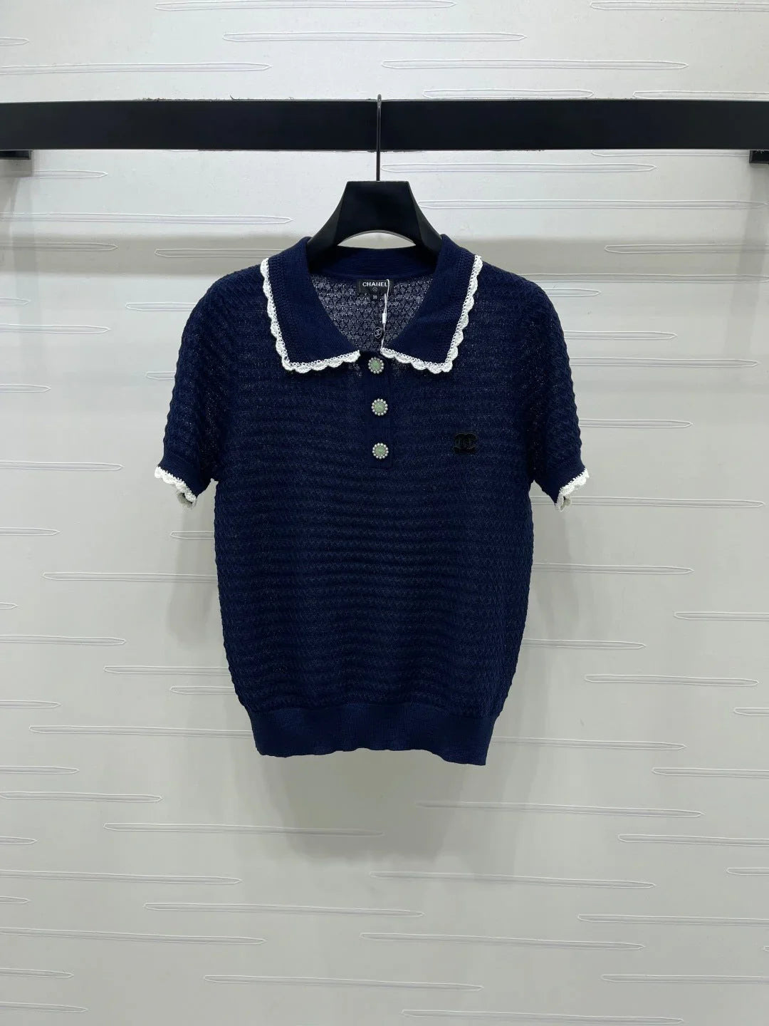 CC 2026 Lace-trimmed Polo Collar Knit Short-sleeved Top Cotton 390780