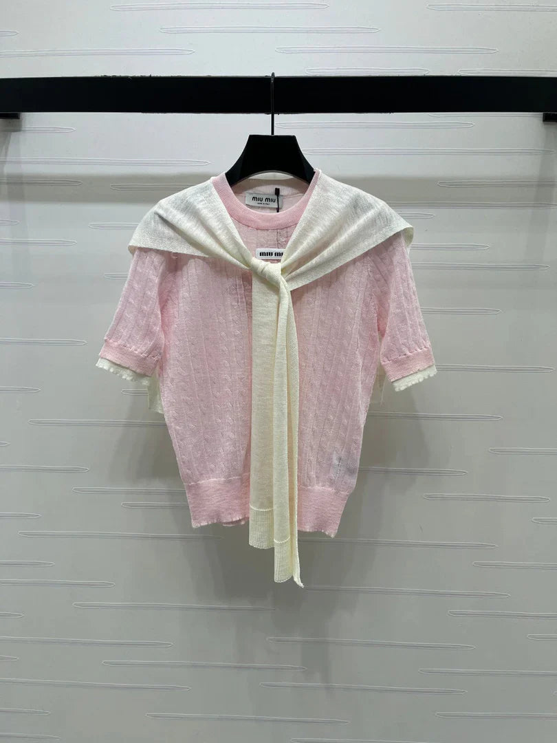 Miu 2026 Shawl Striped Knit Short Sleeve Tencel 397433