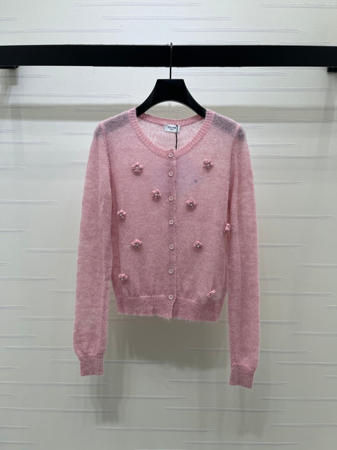 CE 26S Sheer Knit Cardigan 3D Flower Appliqués Mohair 430306