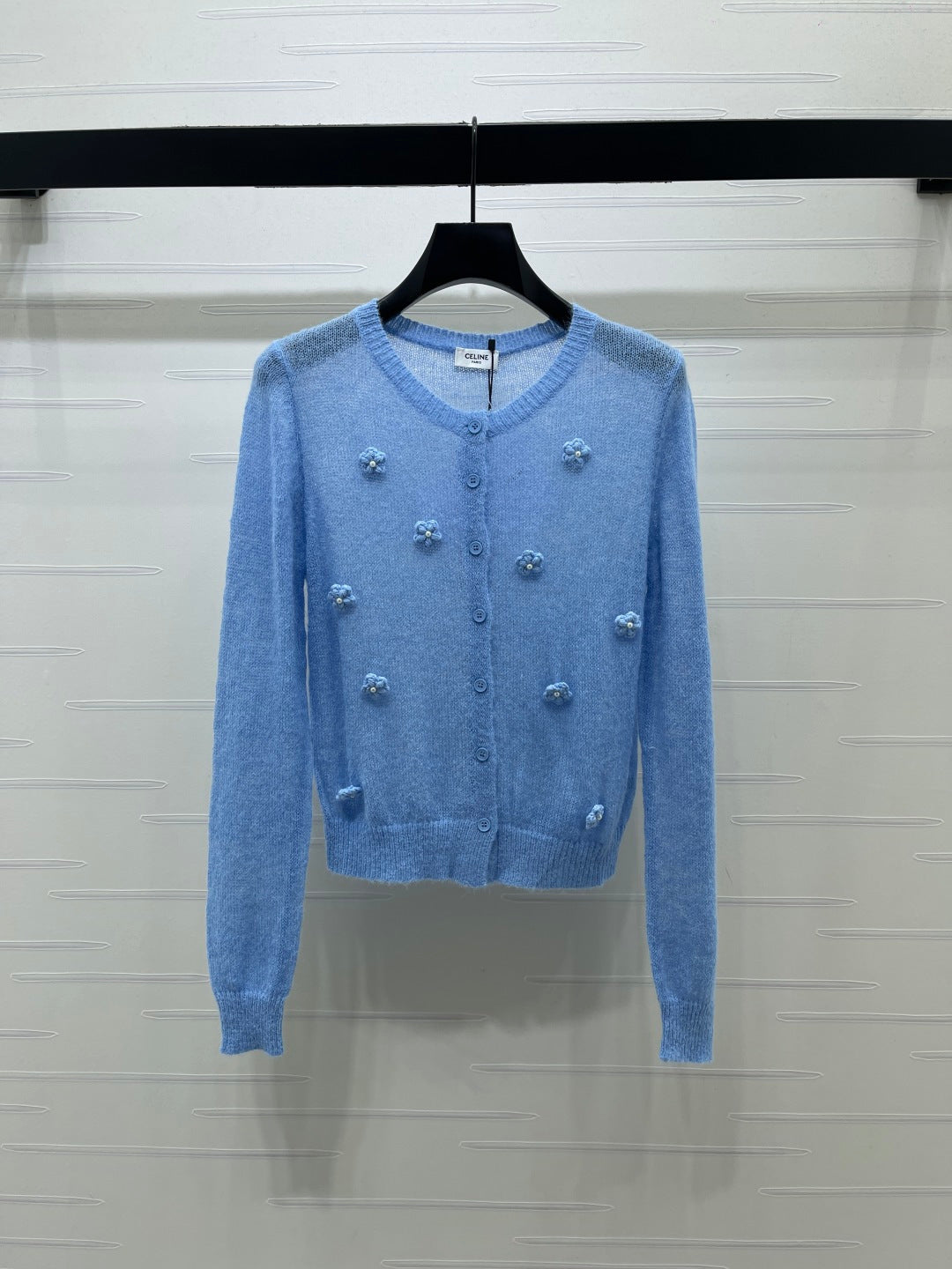 CE 26S Sheer Knit Cardigan 3D Flower Appliqués Mohair 430306